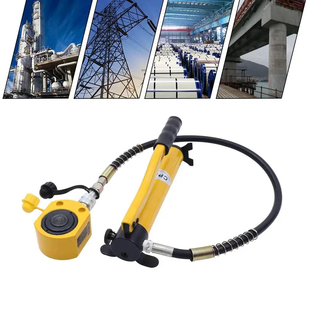20 Ton Manual Hydraulic Jack Low Profile With Multi Section Lift For Cars, heavy-duty yellow pump, and black hose.