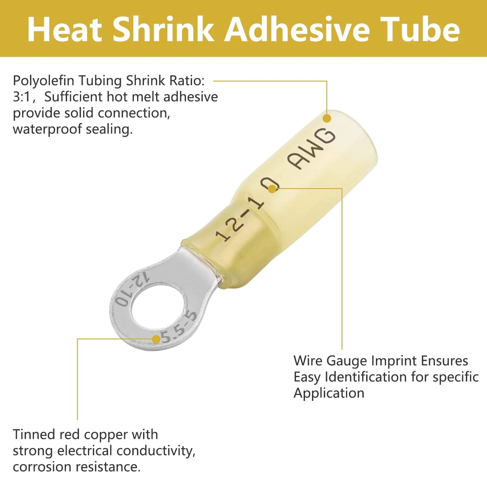 Heat Shrink Ring Terminals For 12 To 10 AWG Wire, yellow insulated eyelet with printed wire gauge, marine grade, corrosion resistant.