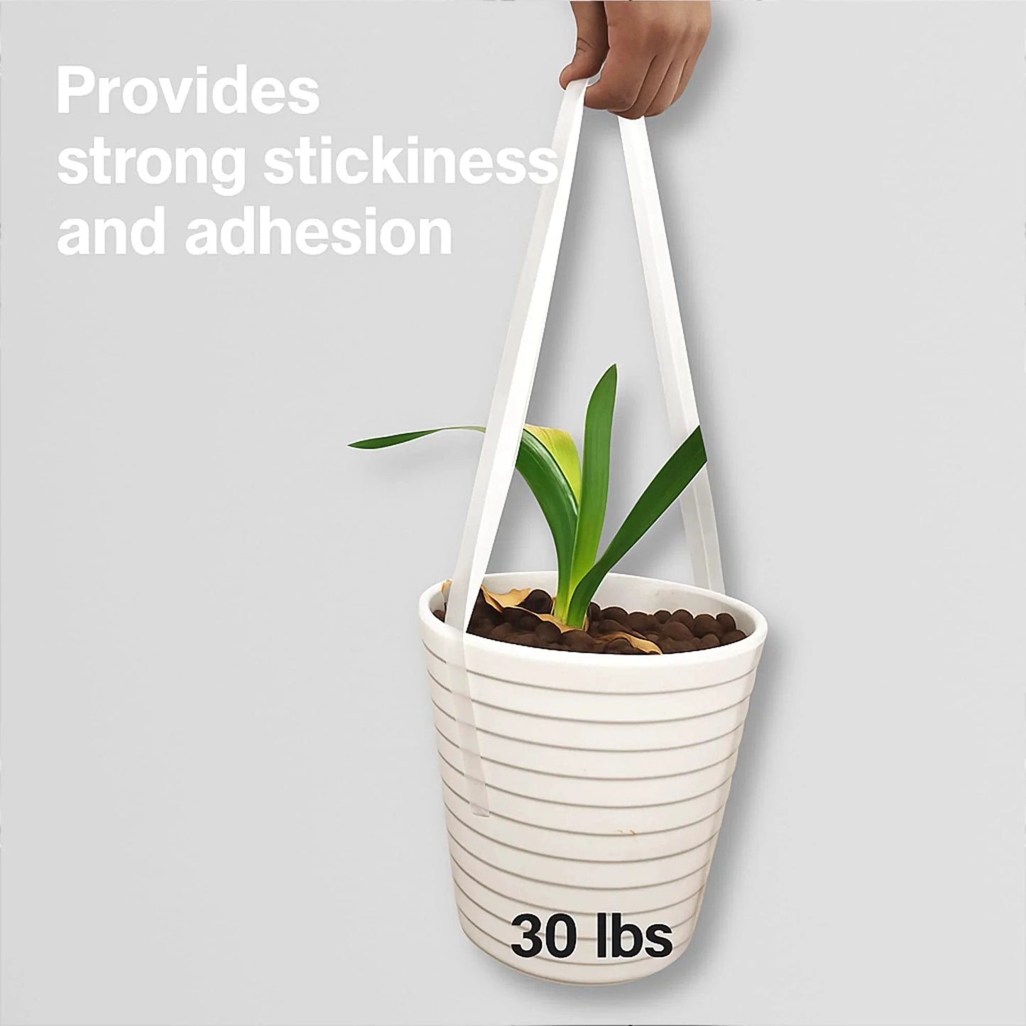 Hand holding a white planter with a plant, supported by a strong adhesive strip, labeled 30 lbs, showcasing strength and adhesion.
