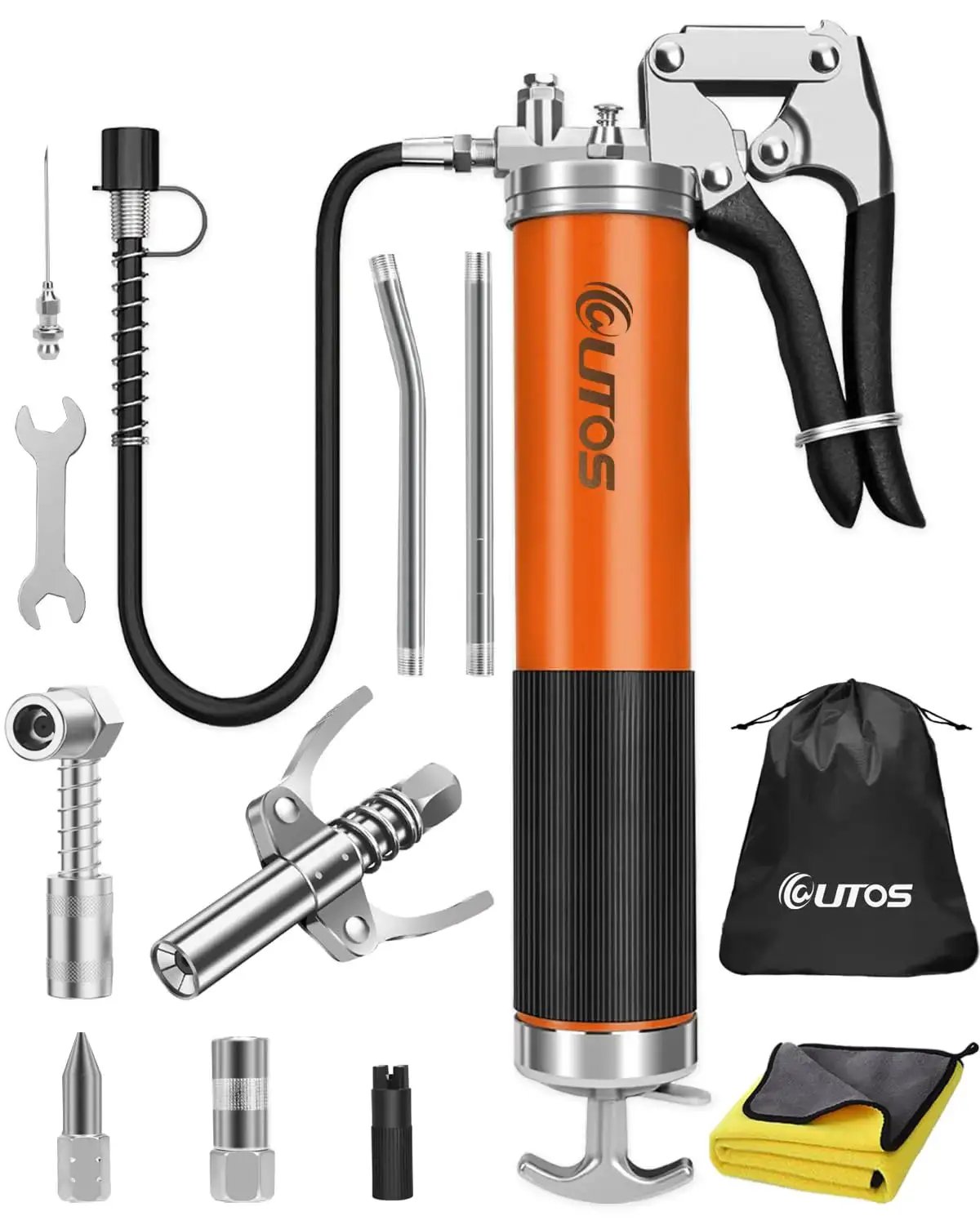 Heavy Duty 10000 PSI Grease Gun Kit With Pistol Grip, 14 Oz Capacity, 18 Inch Resin Flex Hose, Quick Release Coupler