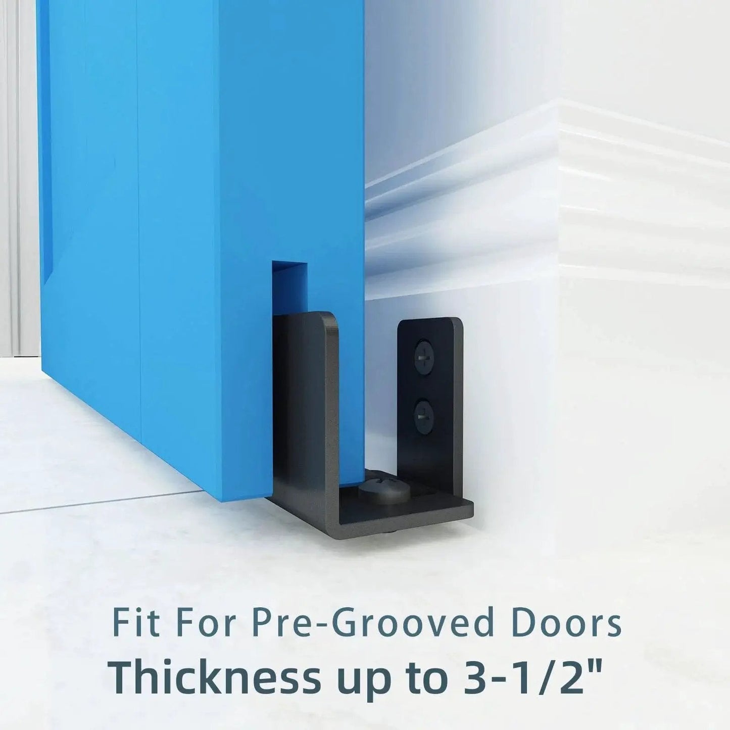 Matte Black Floor Guide For Wall Mount Sliding Barn Door Hardware Set Of 2 installed on non-grooved door with closer view