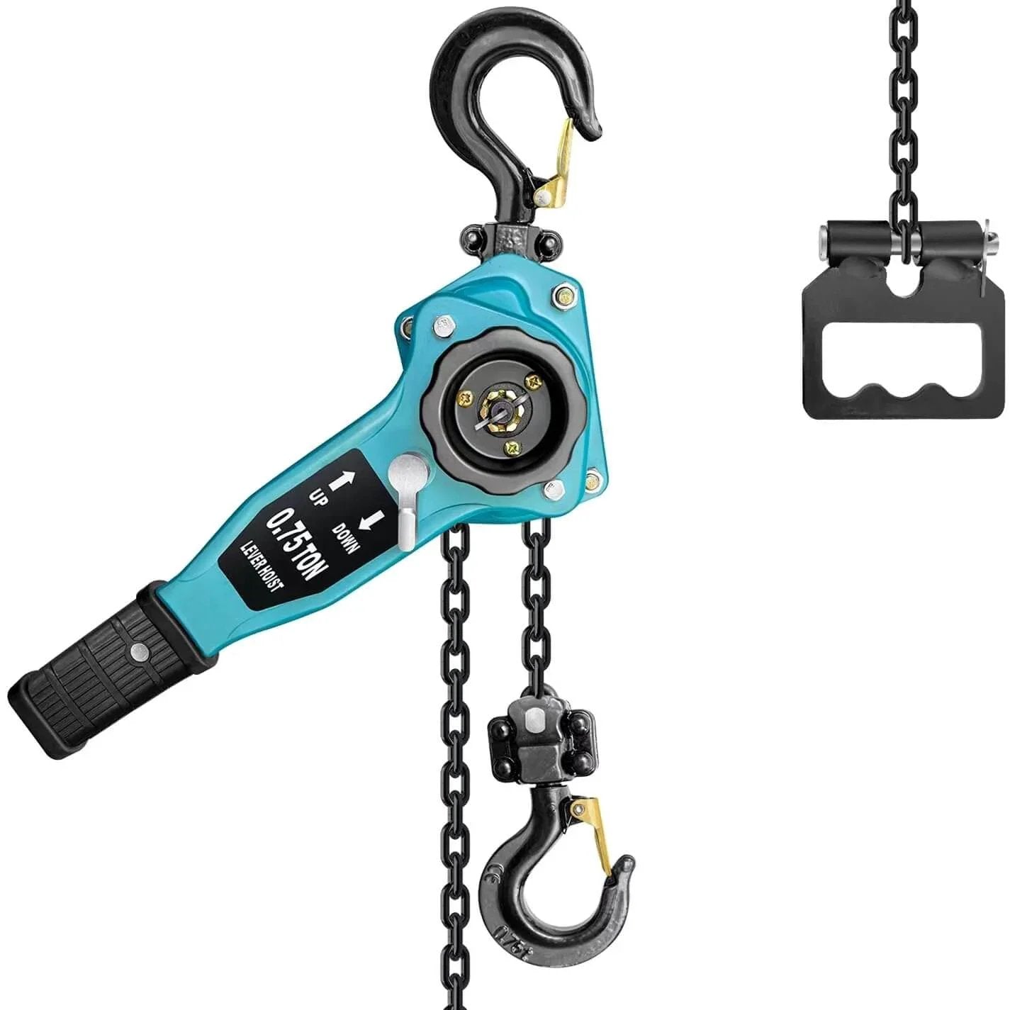 Manual Lever Chain Hoist 3/4 Ton Capacity, 1650 Lb Load, blue, with 5 Ft ratchet chain and heavy-duty hooks, side view