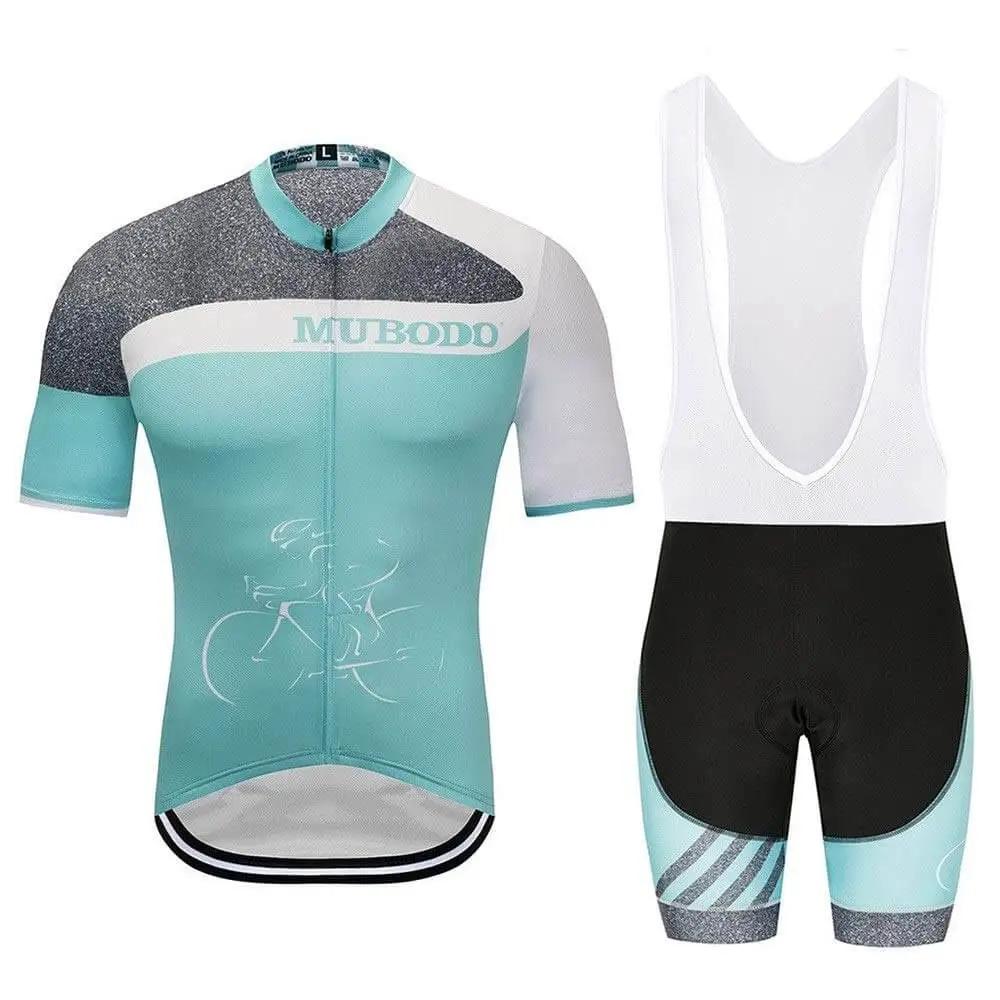 Teal and white cycling jersey and bib shorts set with geometric design.