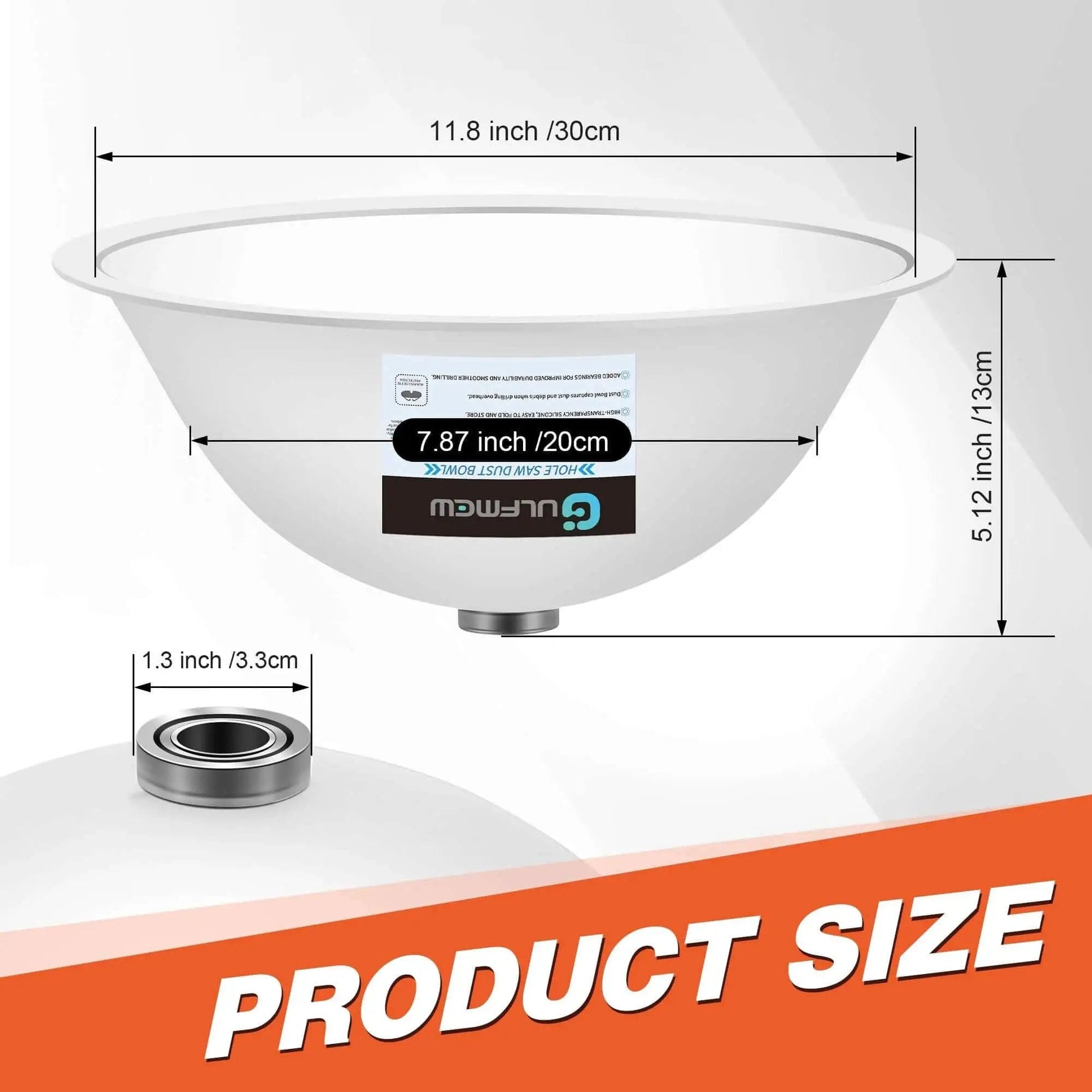 Less Mess Drill Dust Bowl And Hole Saw Dust Collector For Drilling Recessed Lights And Drywall Silicone Transparent Dust Catcher For All Hole Saws With Durable Bearings Gulfmew 1 Pack, showing dimensions and product label.