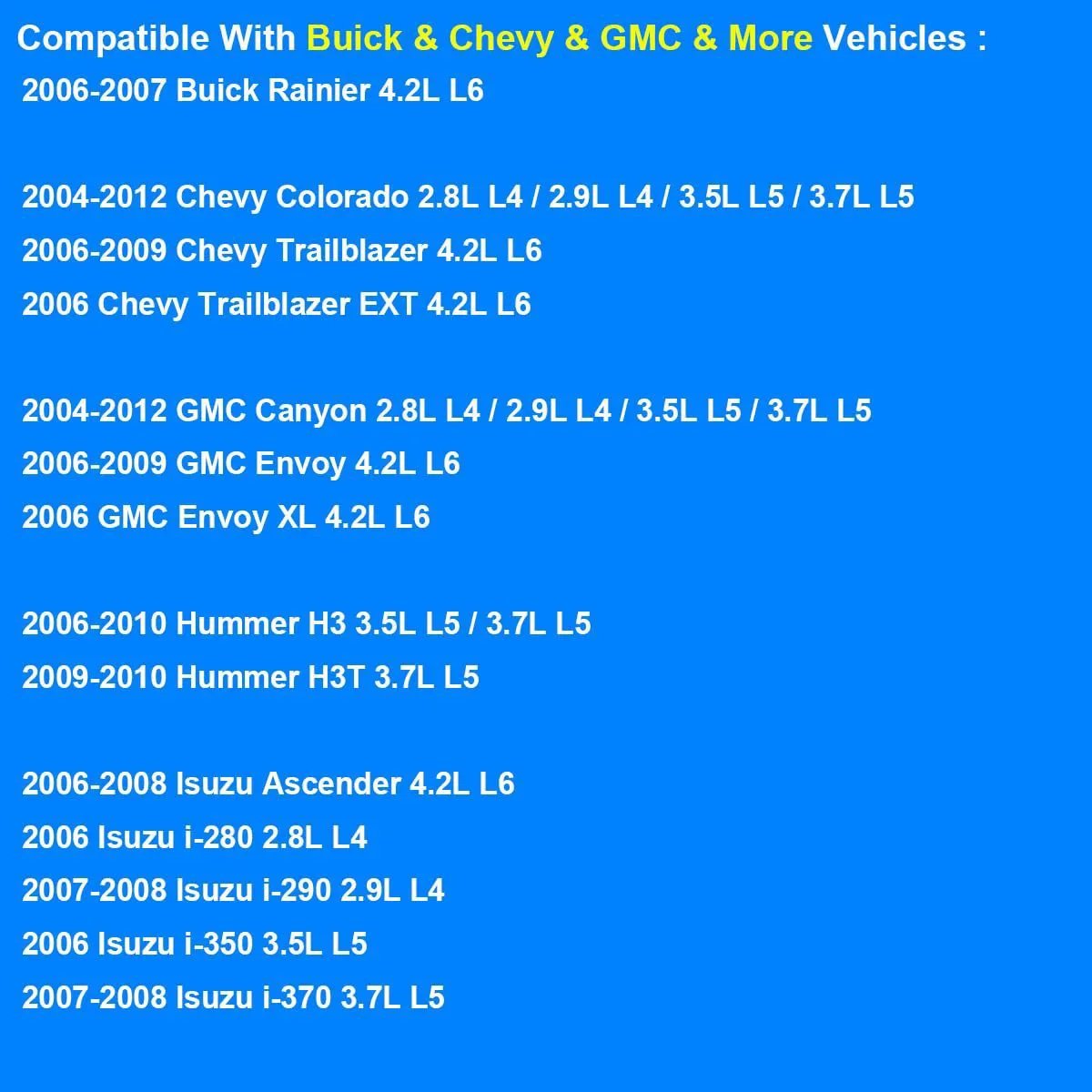 Compatibility chart listing Buick, Chevy, GMC, Hummer, and Isuzu models compatible with Premium Engine Coolant Temperature Sensor Replacement 2134233.