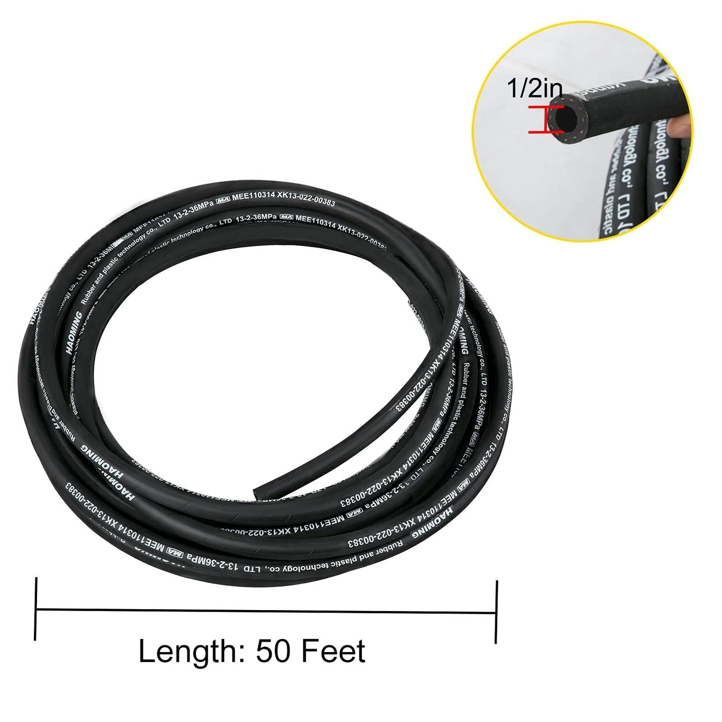 Coiled Heavy Duty 50 Feet Hydraulic Hose With Two High Tensile Steel Wire Braids Half Inch Inner Diameter 5000 PSI Max