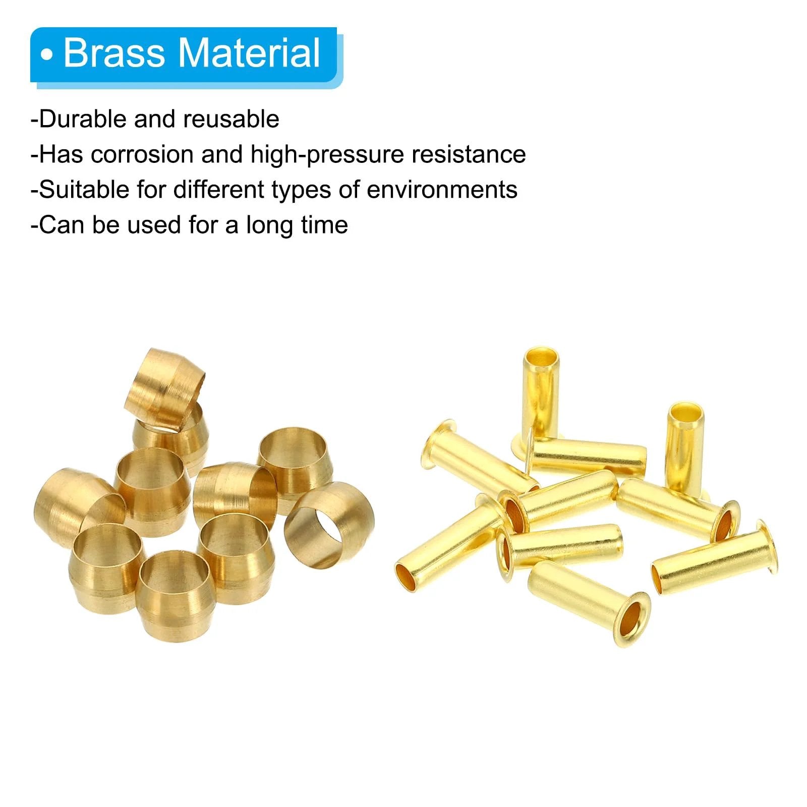 Brass Compression Ferrule Kit For One Quarter Inch OD Hose Tubing, 20 Pack, Brass Ferrule Sleeves and Inserts on white background