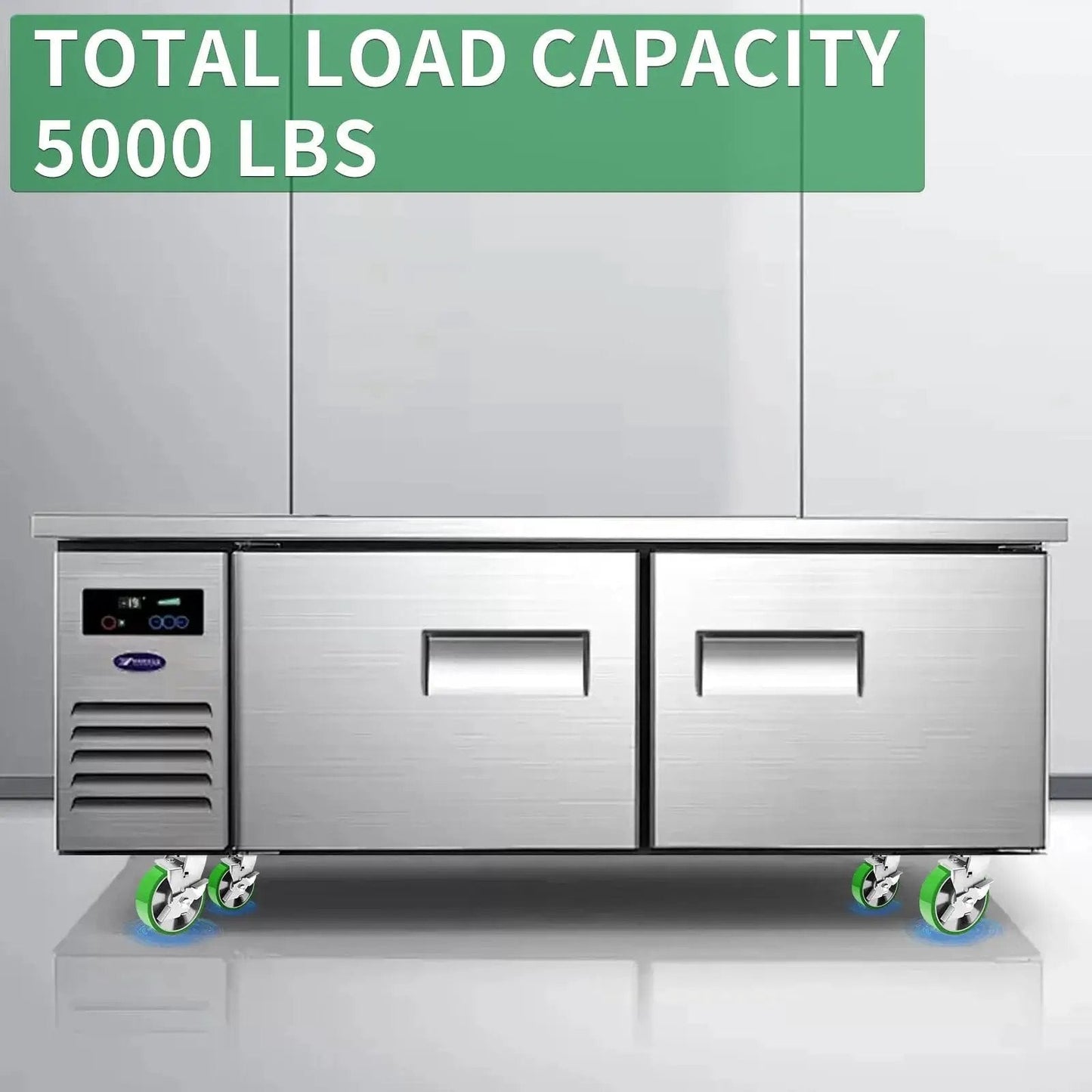 Commercial stainless steel refrigerator with industrial swivel casters with brake 6 inch heavy duty caster set of 4 here shown installed