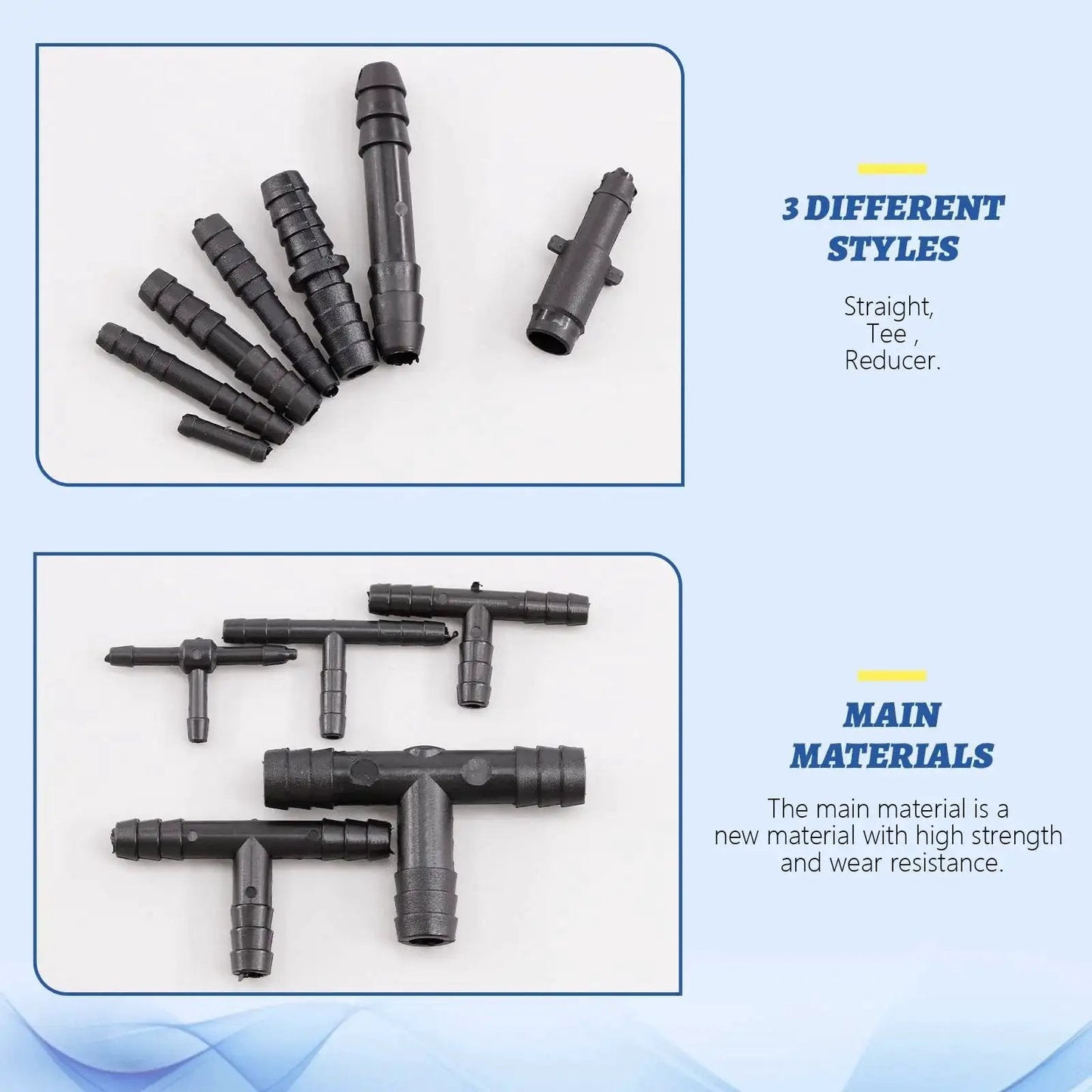 113 Piece Vacuum Connector Set In 12 Sizes, includes black nylon tees, straights, and reducers, displayed against a blue background