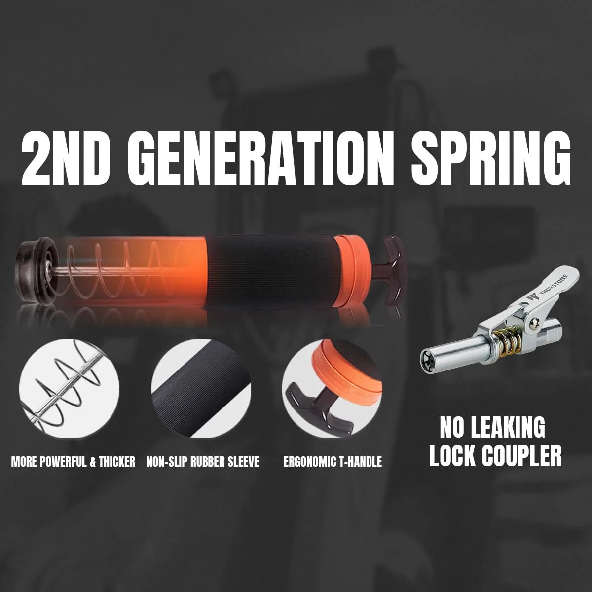 Beefy 7000 PSI Pistol Grip Grease Gun Kit With 14 Ounce Load Capacity 18 Inch Spring Flex Hose Lock Coupler Reinforced Coupler Sharp Nozzle And Two Extension Rigid Pipes Thorstone featuring second generation spring and lock coupler