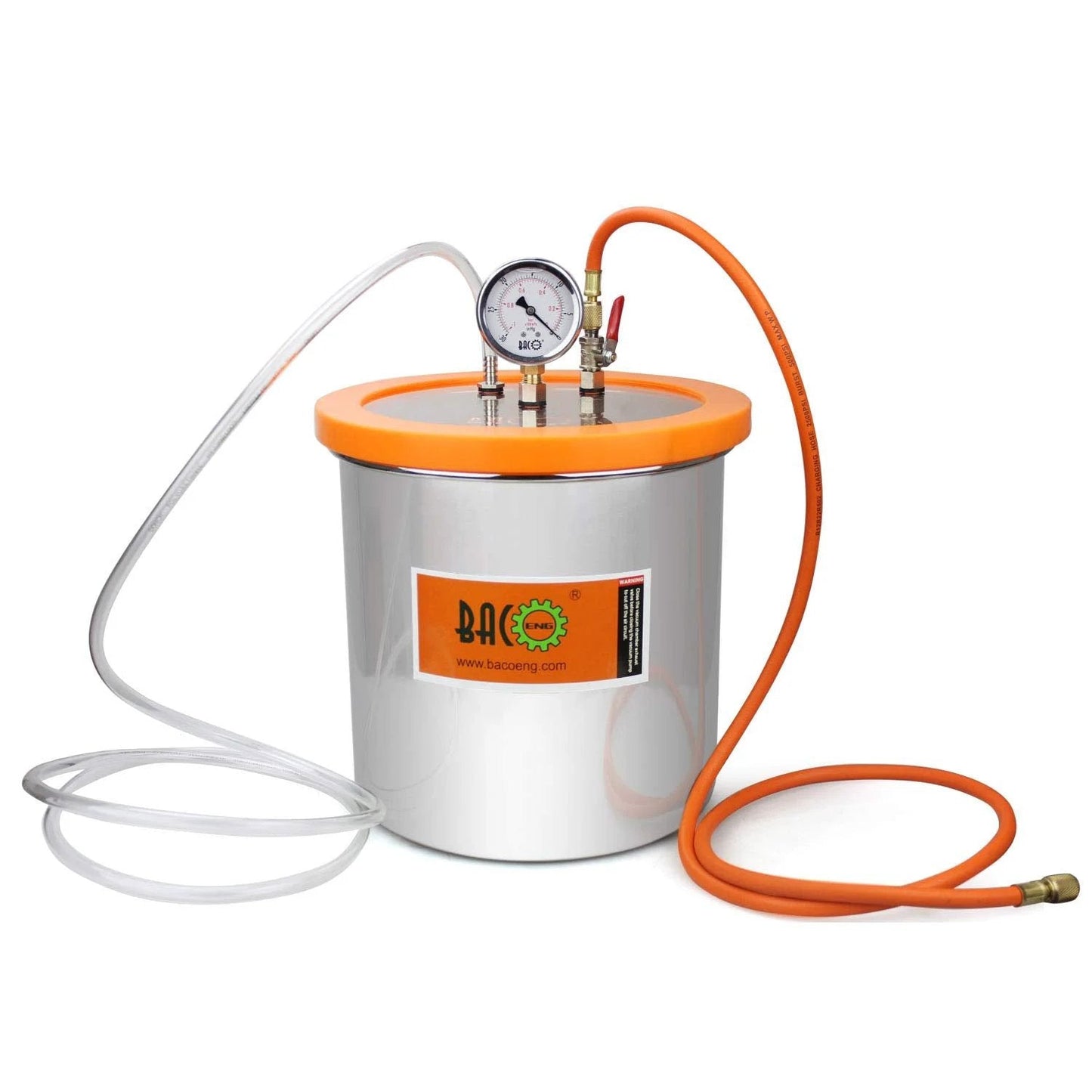 3 Gallon Resin Trap Vacuum Chamber Degassing Kit In Stainless Steel With Glycerin Filled Vacuum Gauge, Brass Ball Valve, 1 Quarter Inch Tubing Fittings, And Catch Port Design To Protect Your Pump, 0 To 29.25 InHg Readout