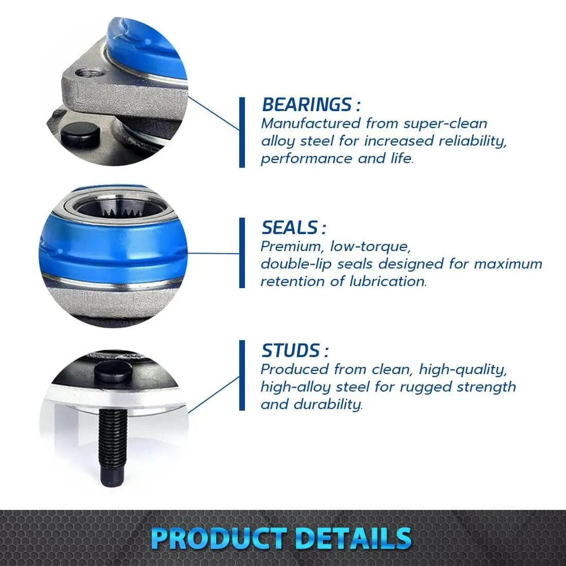 Product details showing bearings, seals, and studs for Set of 2 Front Wheel Hub and Bearing Assemblies, 5-Lug ABS, Buick, Chevy, Olds, Pontiac