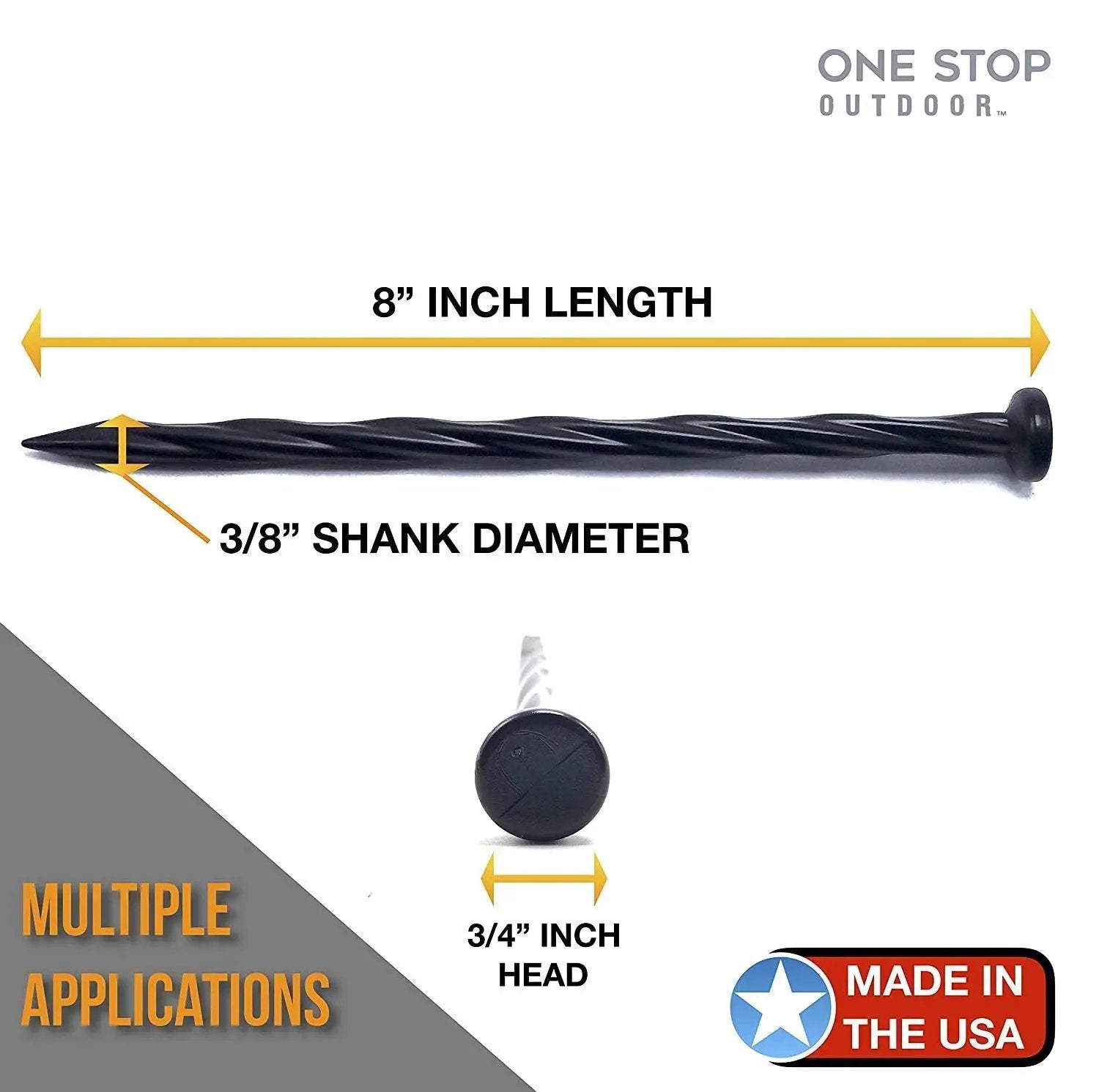 USA Made 50 Pack 8 Inch Plastic Landscape Edging Anchoring Stakes, Spiral Spikes with measurements, Made in USA badge.