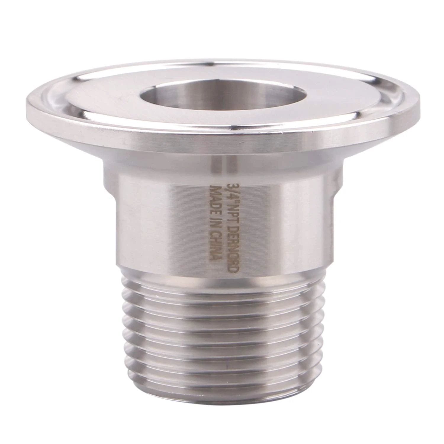Sanitary Tri Clamp to Three Quarter Inch Male Tri Clover Connector for Stainless Steel 304 Dairy Food Beverage Equipment By DERNORD Corrosion Resistant and High Temperature Tolerant showing side view.