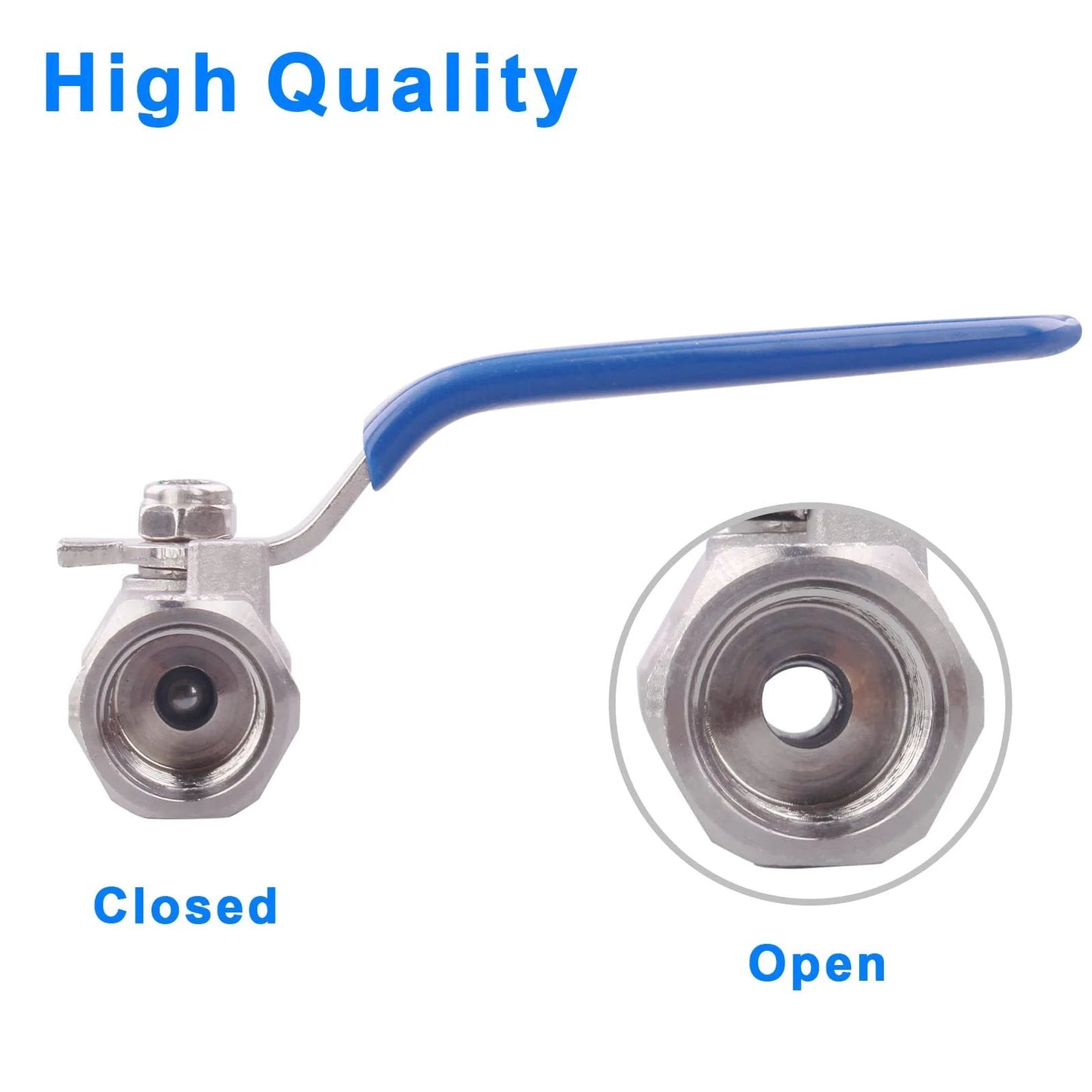 Stainless Steel Ball Valve 1Pc Type 0.25 Inch NPT Standard Port For Water Oil And Gas Pack Of 2, showing closed and open position