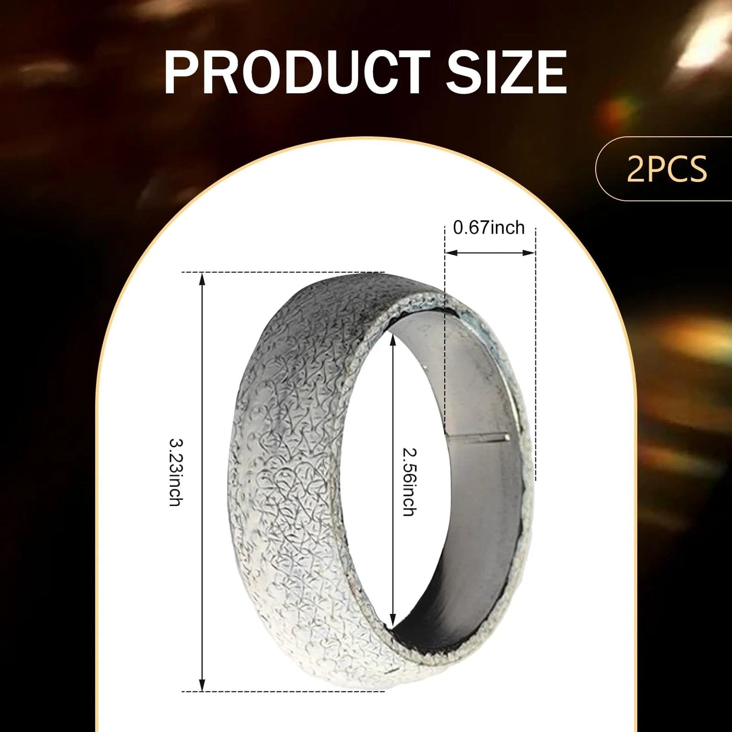 Universal 65mm Graphite Ceramic Exhaust Donut Gasket 2.5 Inch Inner Diameter 2 Pack Leakproof Seal Between Manifold And Pipe For Cars Trucks SUVs And RVs, front view with size specifications