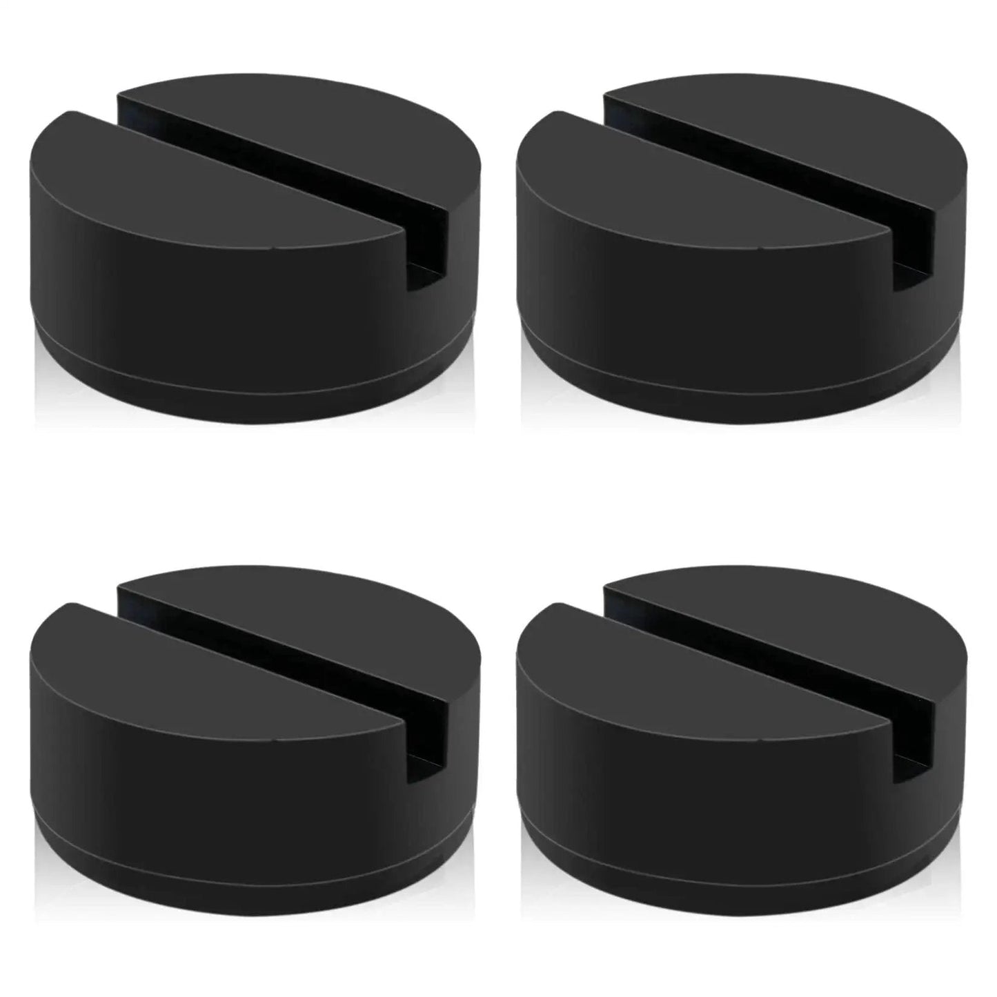 4 Pack Floor Jack Pad Adapters 3 Inch Rubber Pinch Welds Protector For Rails shown in black, round shape with center groove.