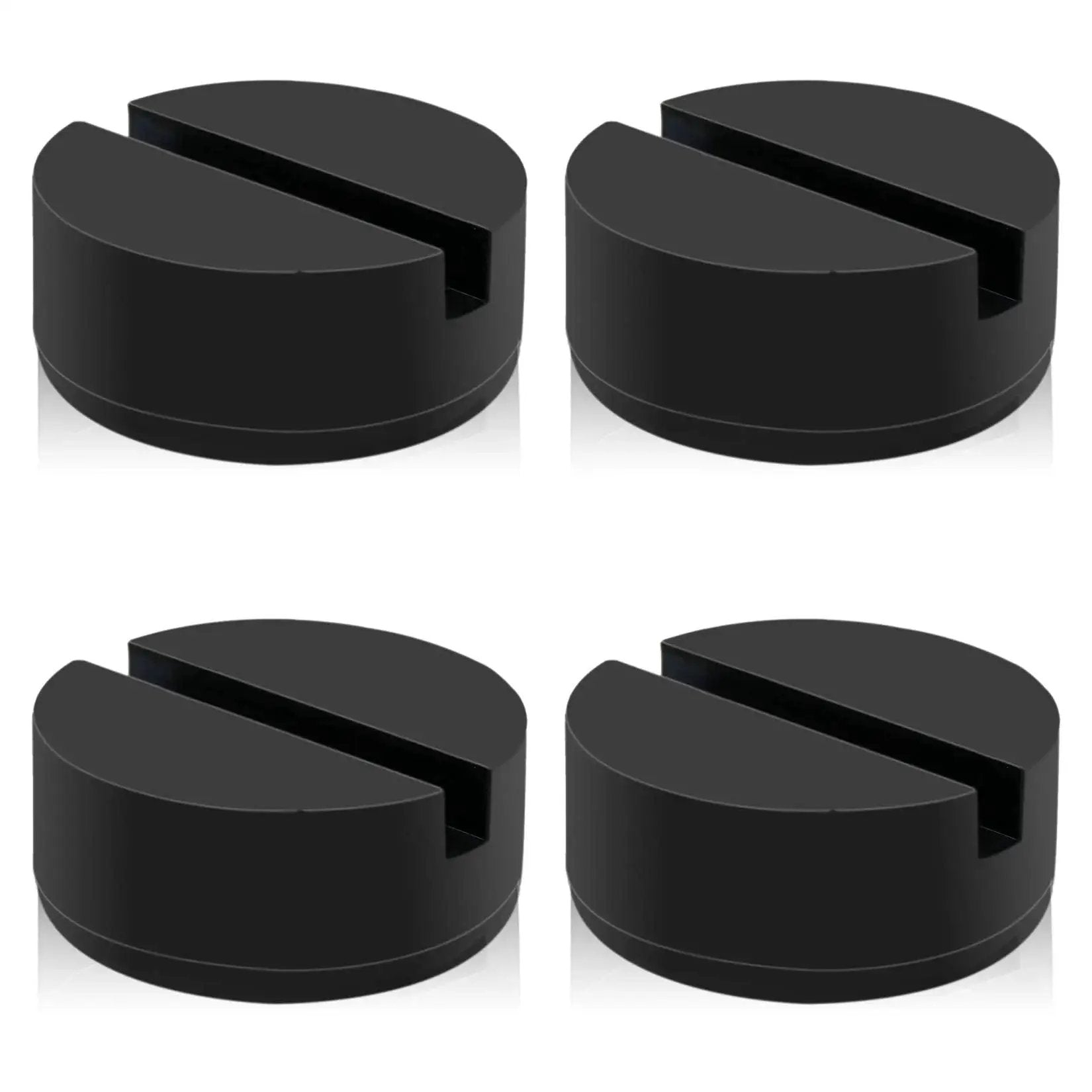4 Pack Floor Jack Pad Adapters 3 Inch Rubber Pinch Welds Protector For Rails shown in black, round shape with center groove.