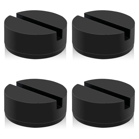 4 Pack Floor Jack Pad Adapters 3 Inch Rubber Pinch Welds Protector For Rails shown in black, round shape with center groove.