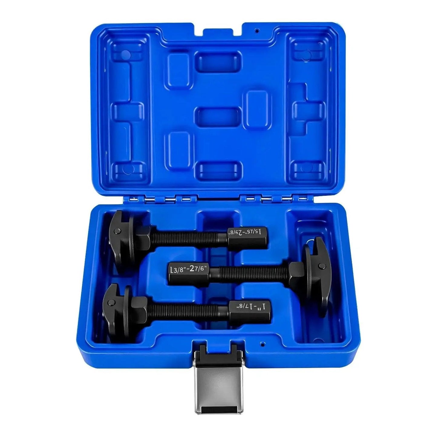 Open case showing Rear Axle Bearing Puller Set With Three Sizes 1 Inch To 1-7/8 Inch, 1-5/16 Inch To 2-3/8 Inch, 1-3/8 Inch To 2-7/8 Inch