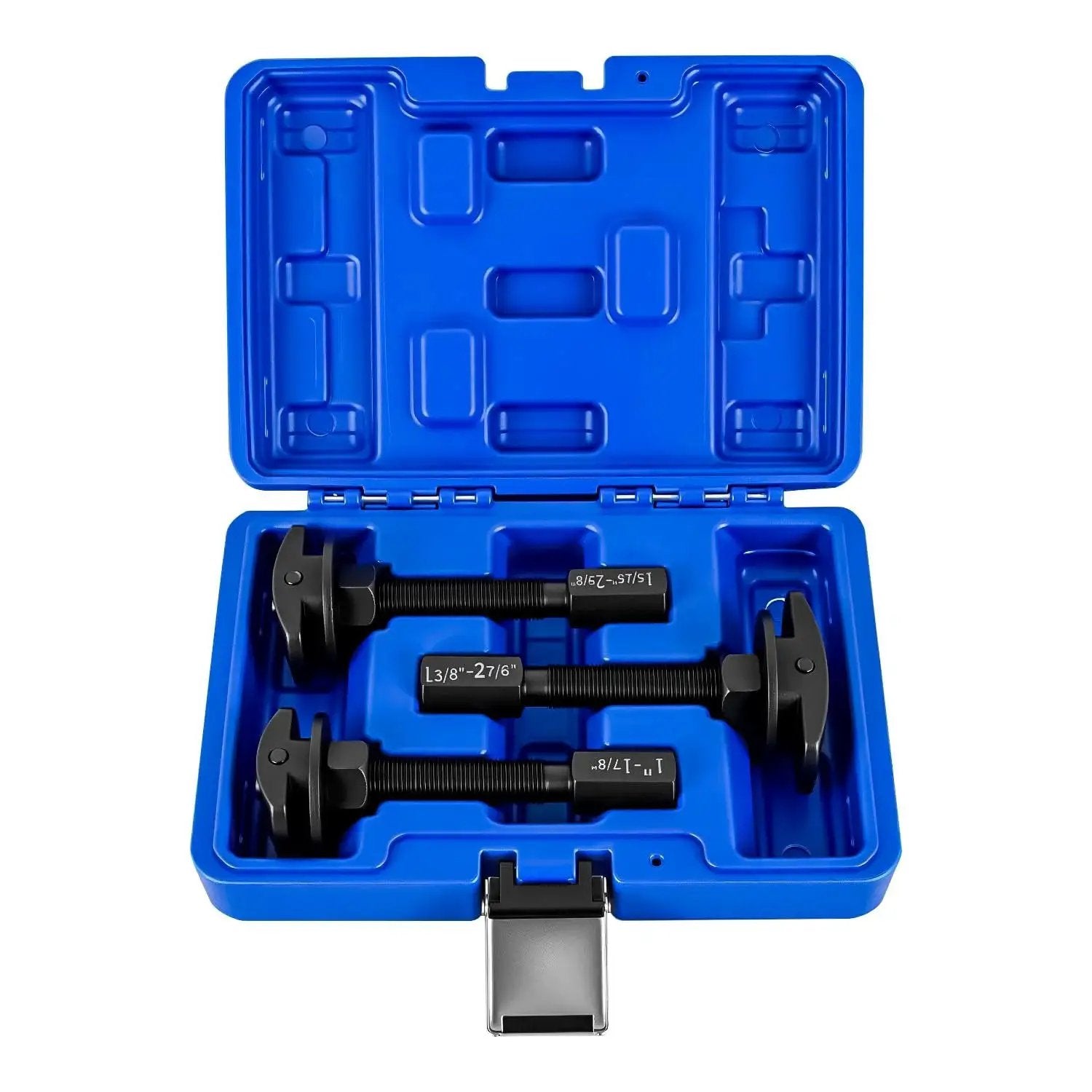 Open case showing Rear Axle Bearing Puller Set With Three Sizes 1 Inch To 1-7/8 Inch, 1-5/16 Inch To 2-3/8 Inch, 1-3/8 Inch To 2-7/8 Inch