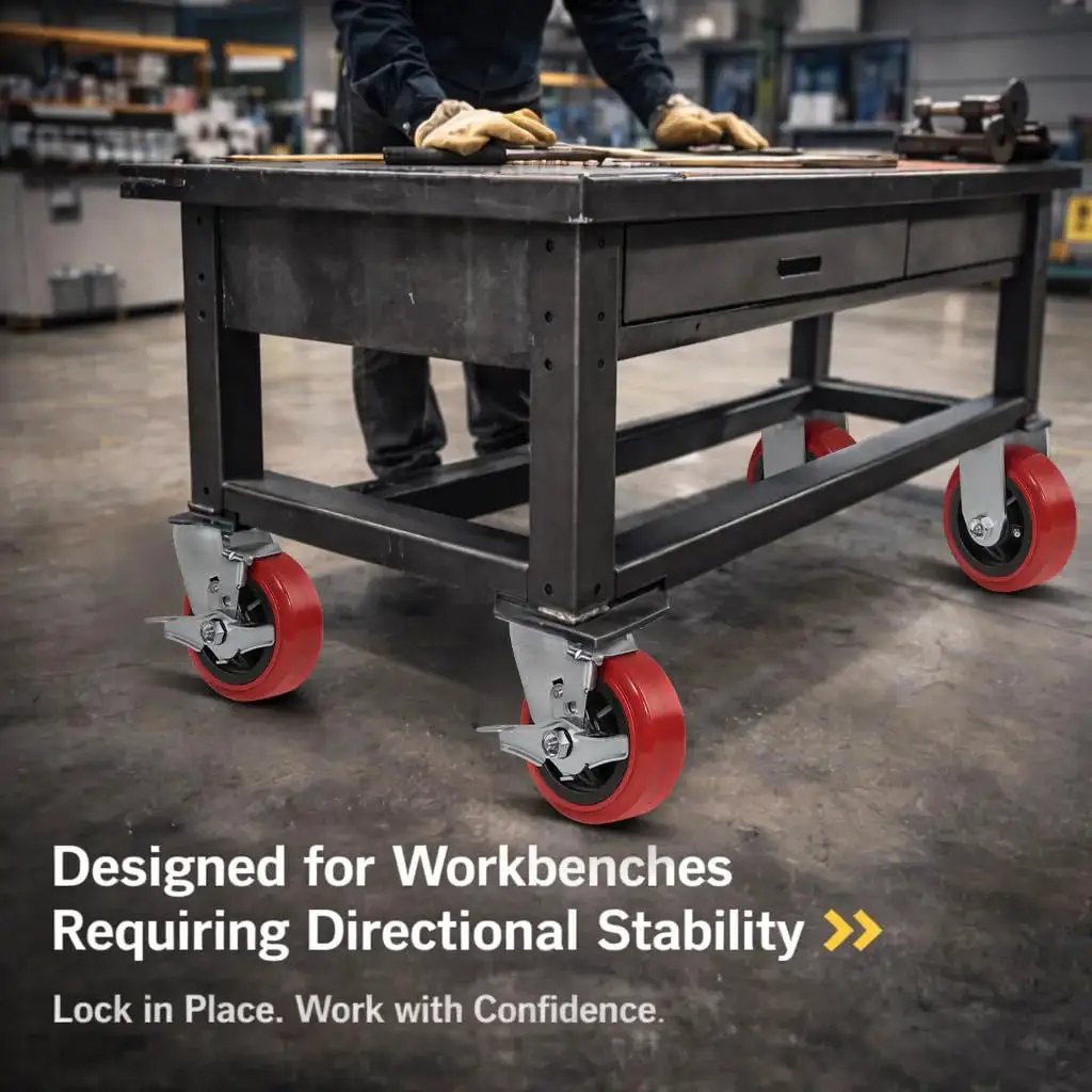 Industrial workbench with 5 Inch Polyurethane Caster Set Of 4 Heavy Duty 3200 Lb Capacity For Tool Carts And Workbenches 2 Swivel With Brakes And 2 Rigid Straight Tracking Industrial Casters With Needle Roller Bearings And Galvanized Steel Frame.
