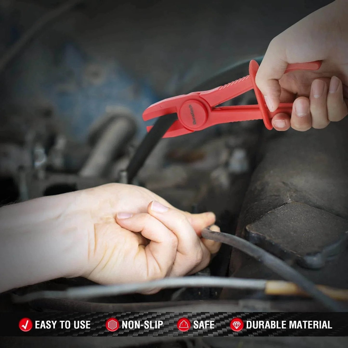 Hands using 6 Piece Hose Clamp Set With Pinch Clamp Pliers For Flexible Hoses Fuel Gas Brake And Radiator Lines in engine bay.