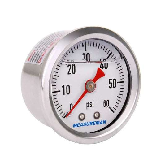 1.5 Inch Dial Liquid Filled Fuel Pressure Gauge With 304 Stainless Steel Case And Center Back Mount, 0 To 60 PSI