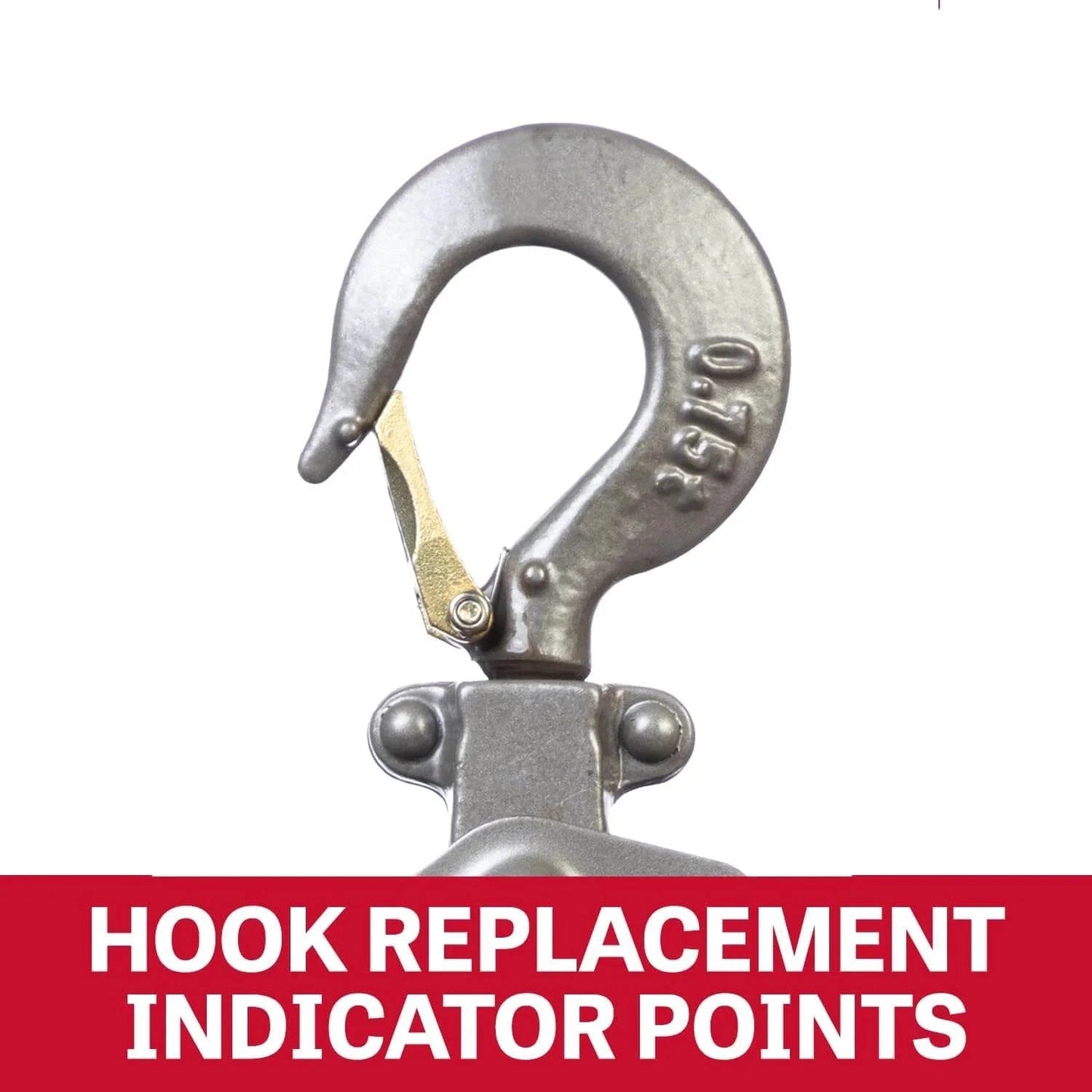 Close-up of hook on Three Quarter Ton Lever Hoist With 10 Ft Lift JLP-075A-10 showing wear indicator and stretch indicator.