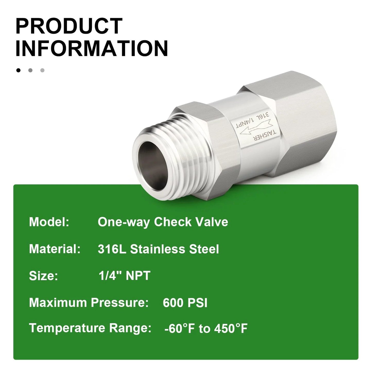 316L Stainless Steel Check Valve One Quarter Inch NPT Male To One Quarter Inch NPT Female Backflow Prevention One Way Non Return Valve For Industrial Piping Forged 316L Construction