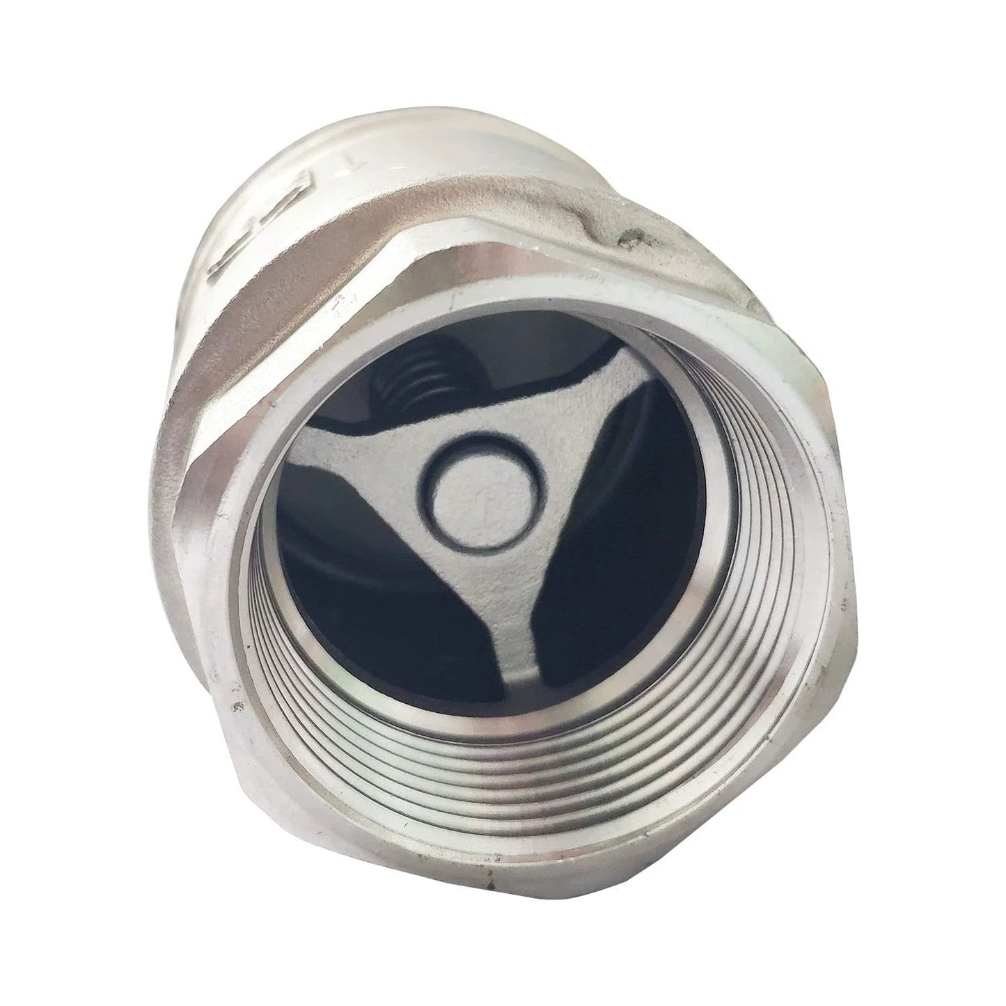 Close-up of Vertical Heavy Duty Inline Check Valve One And One Half Inch Female NPT Spring Loaded 4.5 PSI Cracking Pressure 304 Stainless Steel CF8M