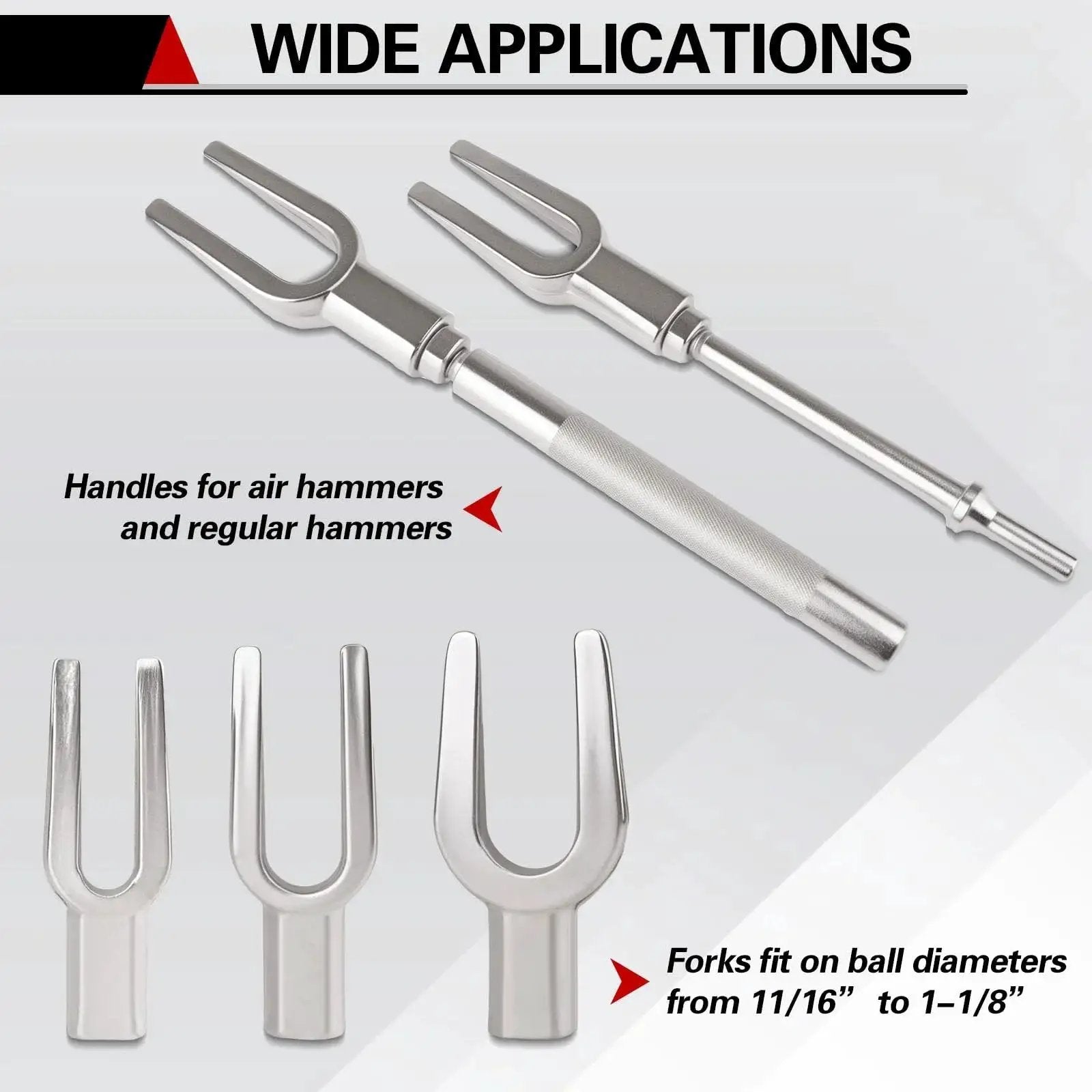 Heavy Duty Ball Joint Separator With Three Fork Sizes For Pitman Arm And Tie Rod Removal, showing chrome forks and handles
