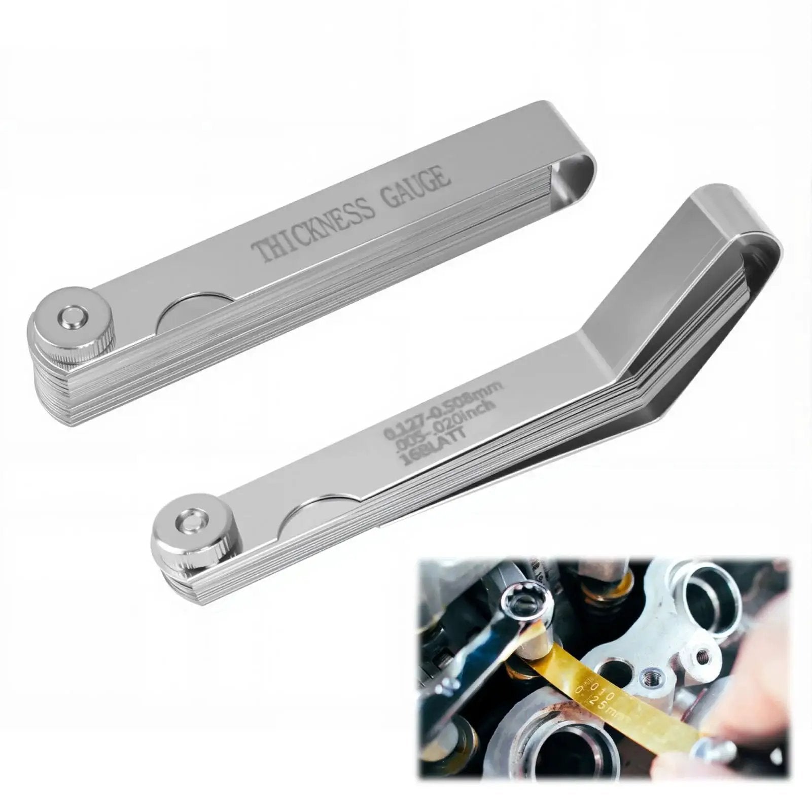 Stainless Steel Feeler Gauge Set With 48 Blades Two Piece Kit Including 16 Angled And 32 Straight Blades Copper Plates Laser Etched For SAE And Metric 0.0015 To 0.035 Inches Perfect For Valve Adjustment Spark Plugs Guitars And Motorcycles