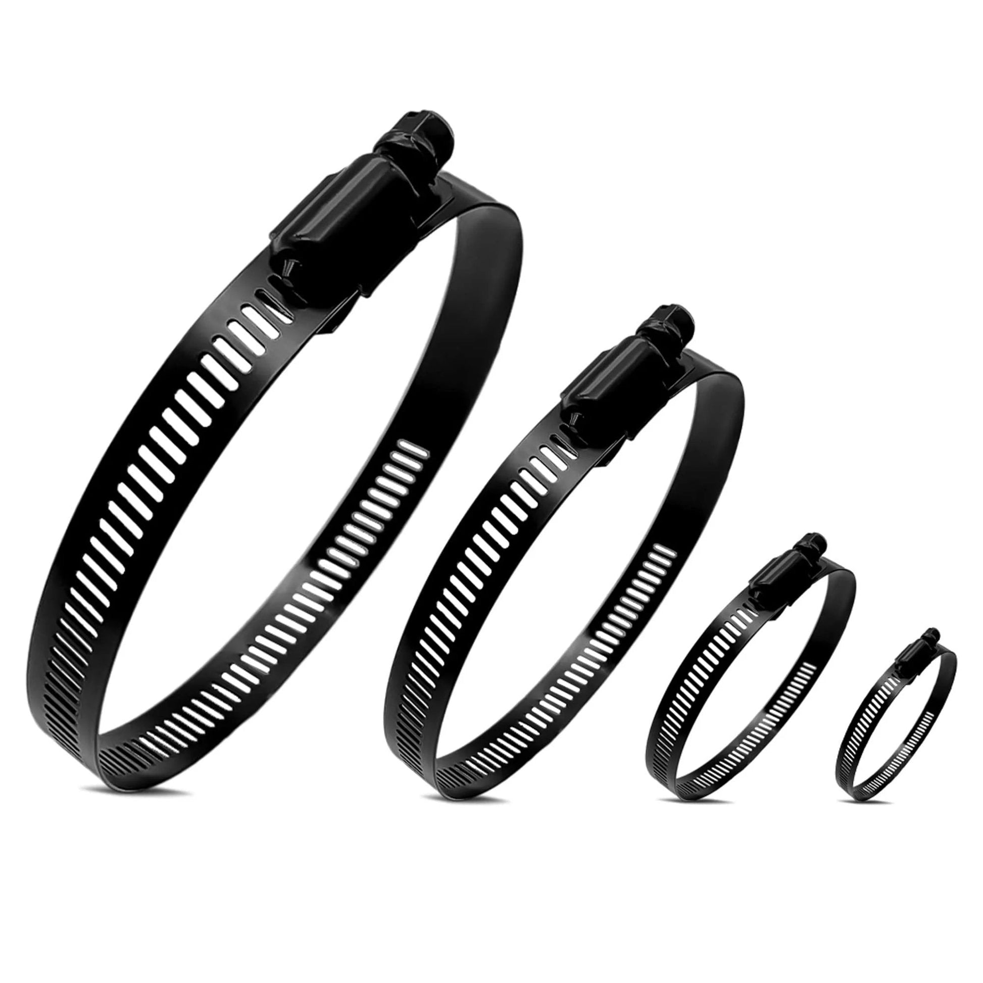 Go-To Heavy Duty Stainless Steel Hose Clamp Set For DIYers, 16-Piece Assortment in 4 sizes, black coated worm gear clamps.