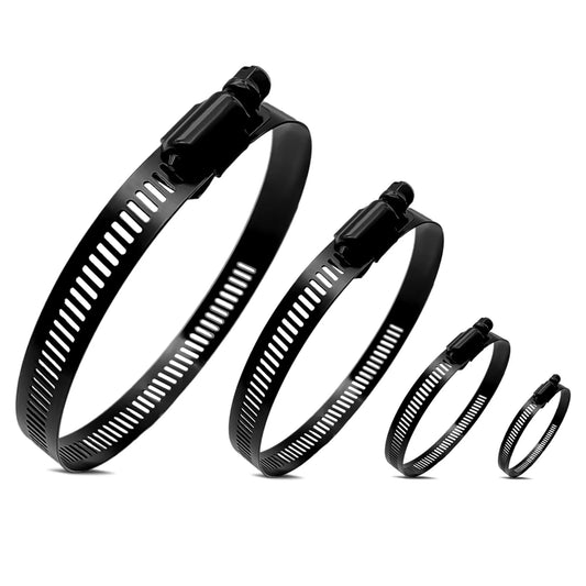 Go-To Heavy Duty Stainless Steel Hose Clamp Set For DIYers, 16-Piece Assortment in 4 sizes, black coated worm gear clamps.
