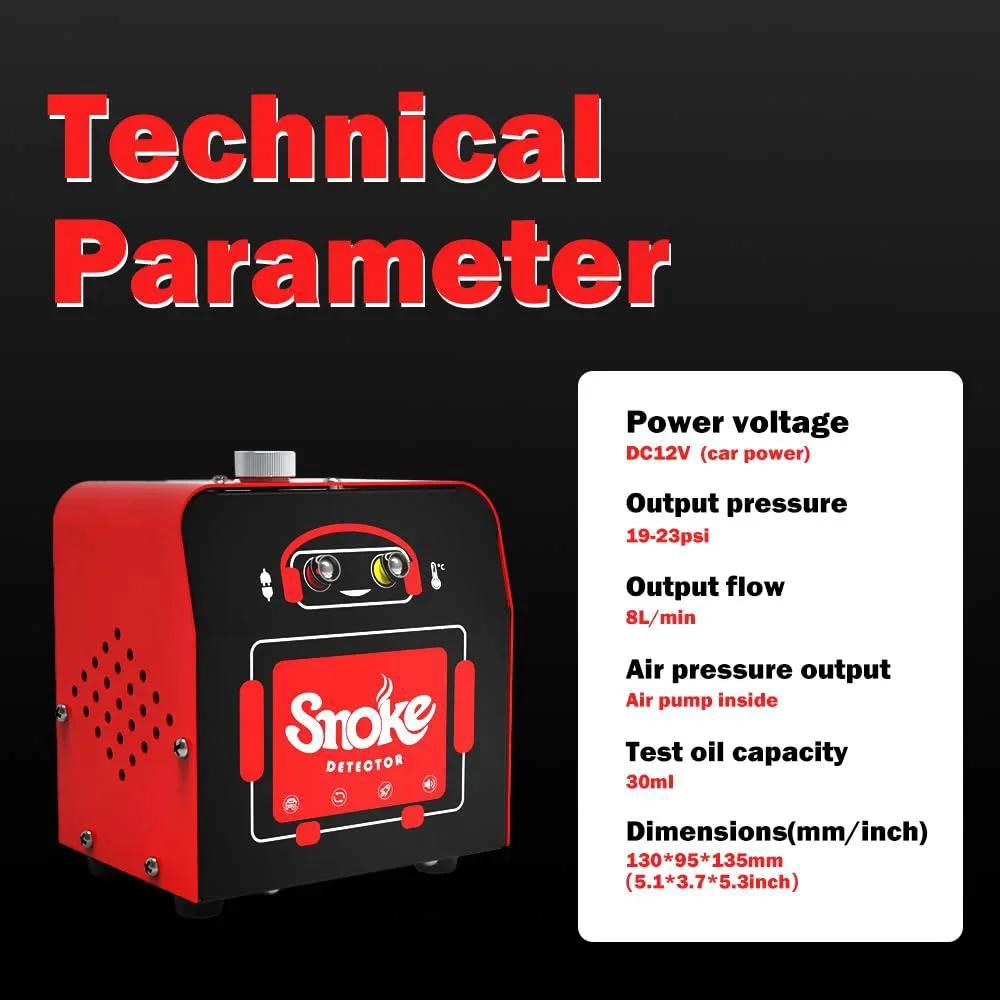 Professional EVAP And Vacuum Leak Detection Smoke Tester Kit with technical parameters displayed on screen.