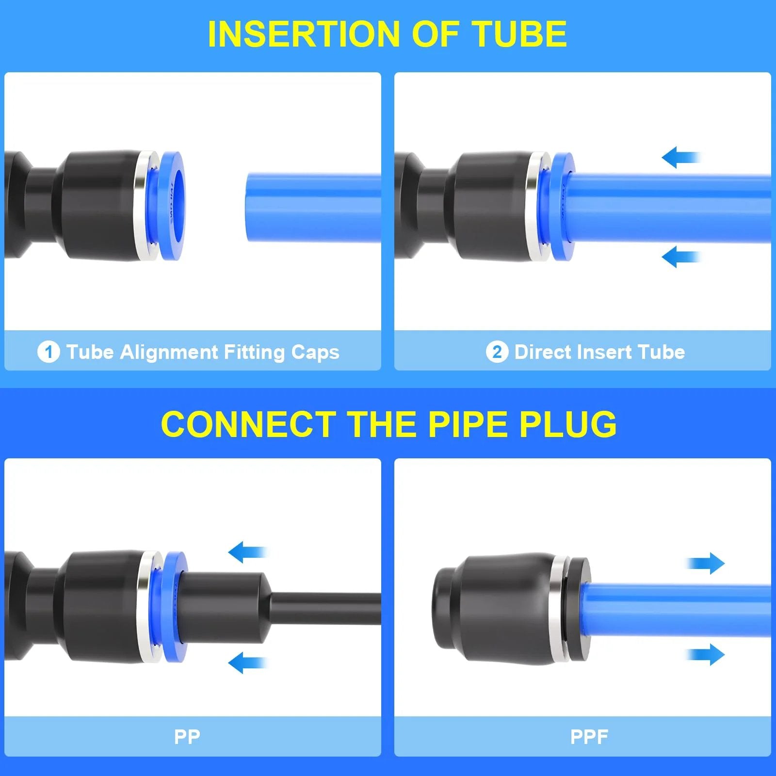 One Quarter Inch Push To Connect Pneumatic Fittings Kit With Sixty Pieces Including Ten Tees Ten Elbows Ten Straights Ten PPF And Ten PP Fittings For PU Nylon Soft PE Tubing High Pressure Air Up To 145 PSI Easy Install, showing tube insertion and connection process.