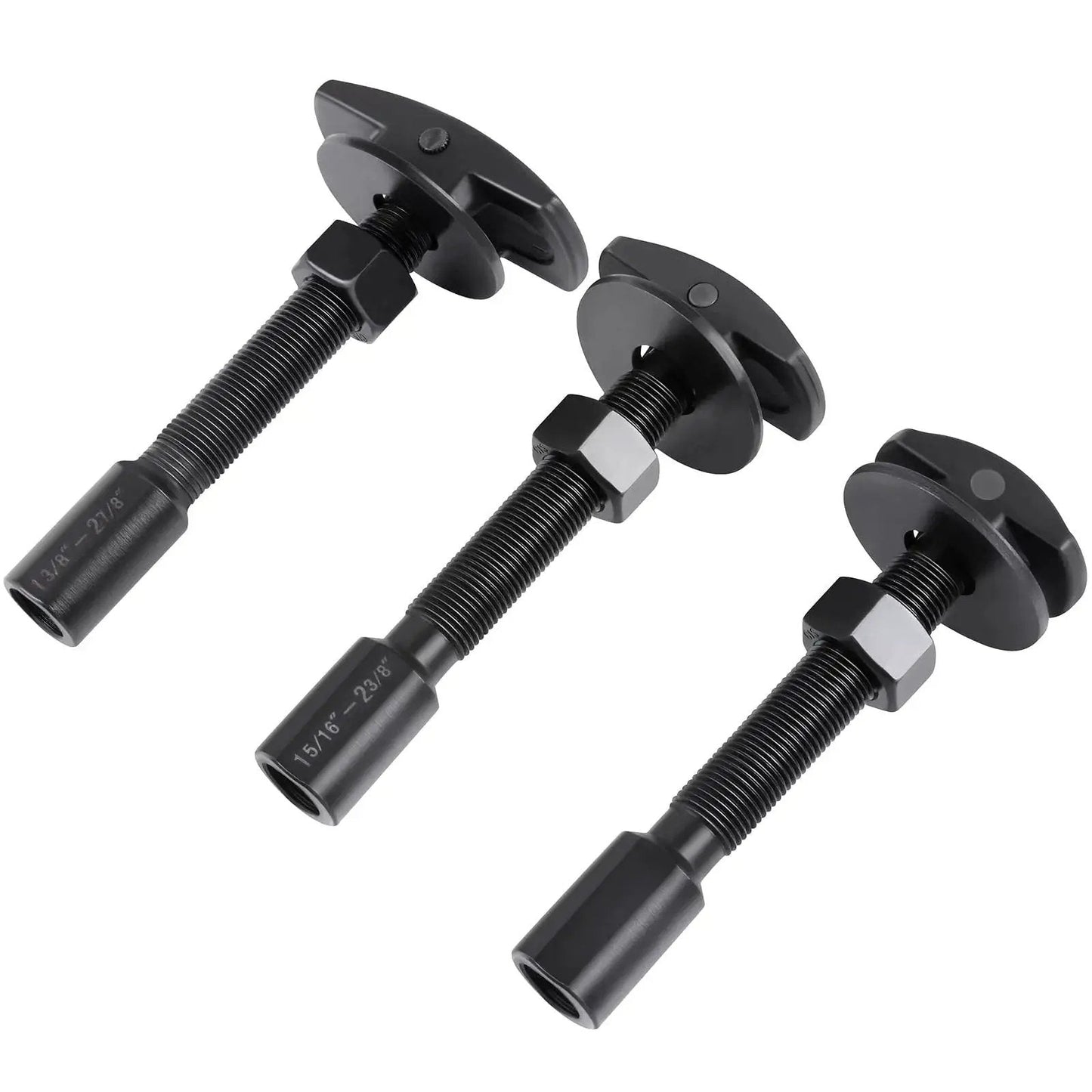 Three rear axle bearing puller tools in kit with three sizes for small to large bearings, compatible with plug and play slide hammer.