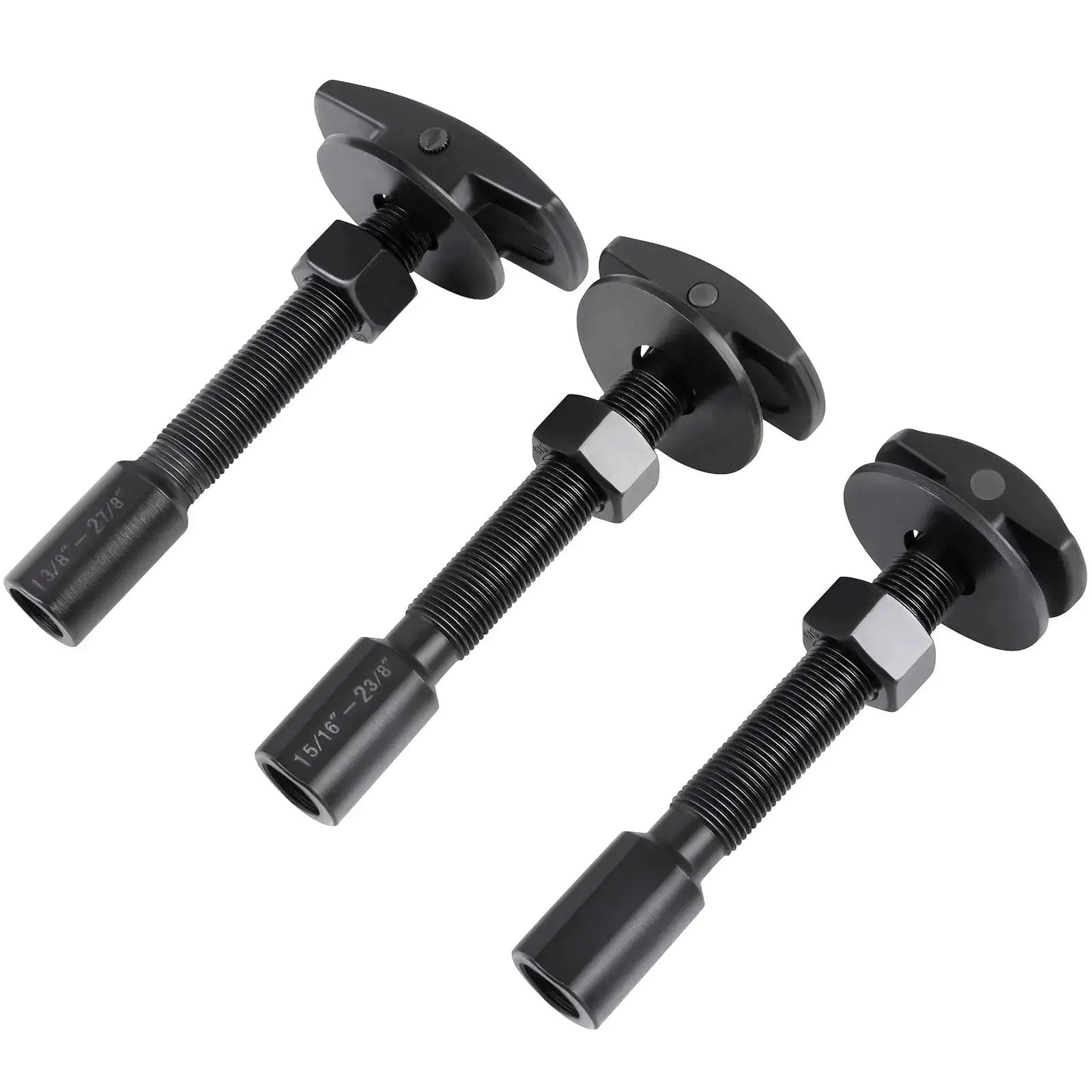 Three rear axle bearing puller tools in kit with three sizes for small to large bearings, compatible with plug and play slide hammer.