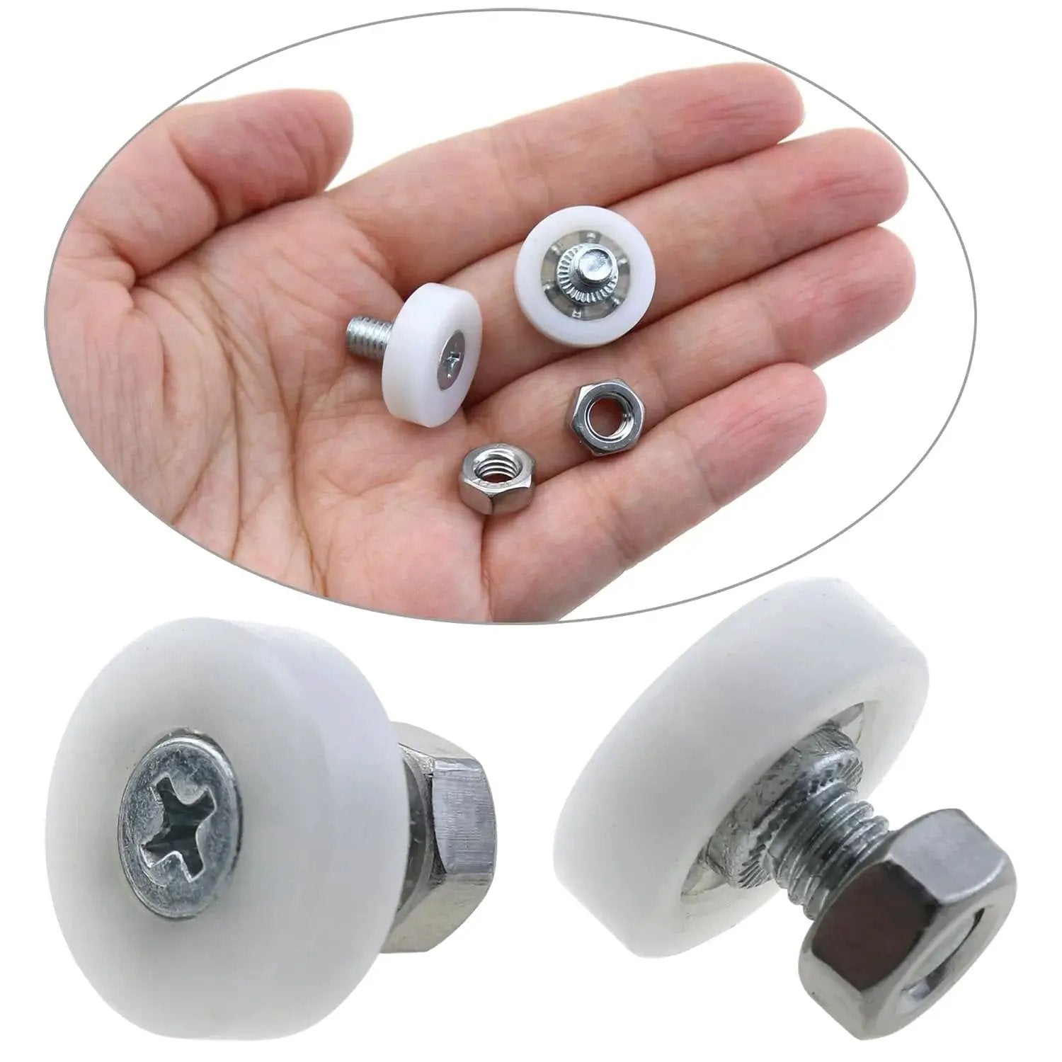 12 Pieces 19mm Drawer Rollers Plastic Pulleys With Nut For Sliding Furniture Bearings Replacement Parts in hand and close-up view
