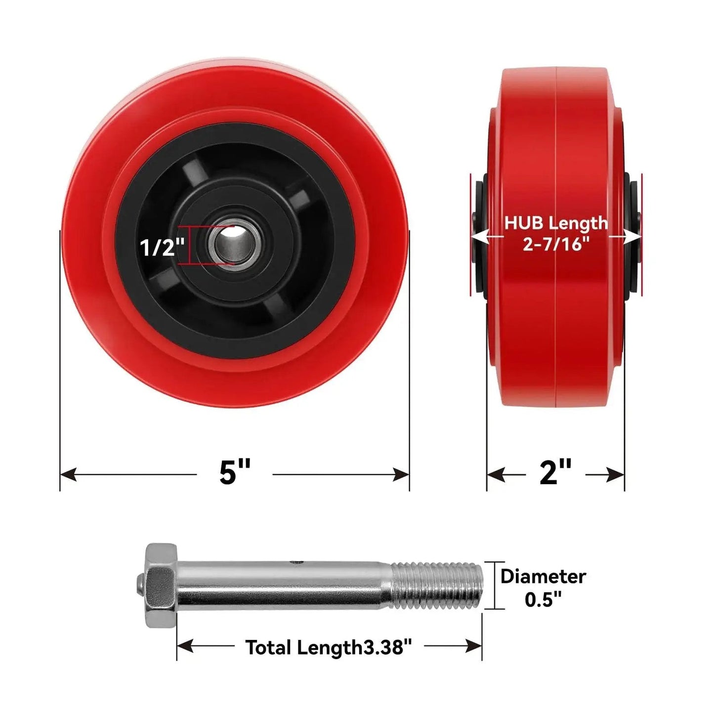 Five Inch Diameter By Two Inch Wide Heavy Duty Caster Wheel Set Of Four With 3200 Lbs Capacity Non Marking Polyurethane Tread Roller Bearing Half Inch Axle Bore Ideal For Carts, Dollies, Tool Carts And Utility Trolleys in red viewed from front and side with measurement details