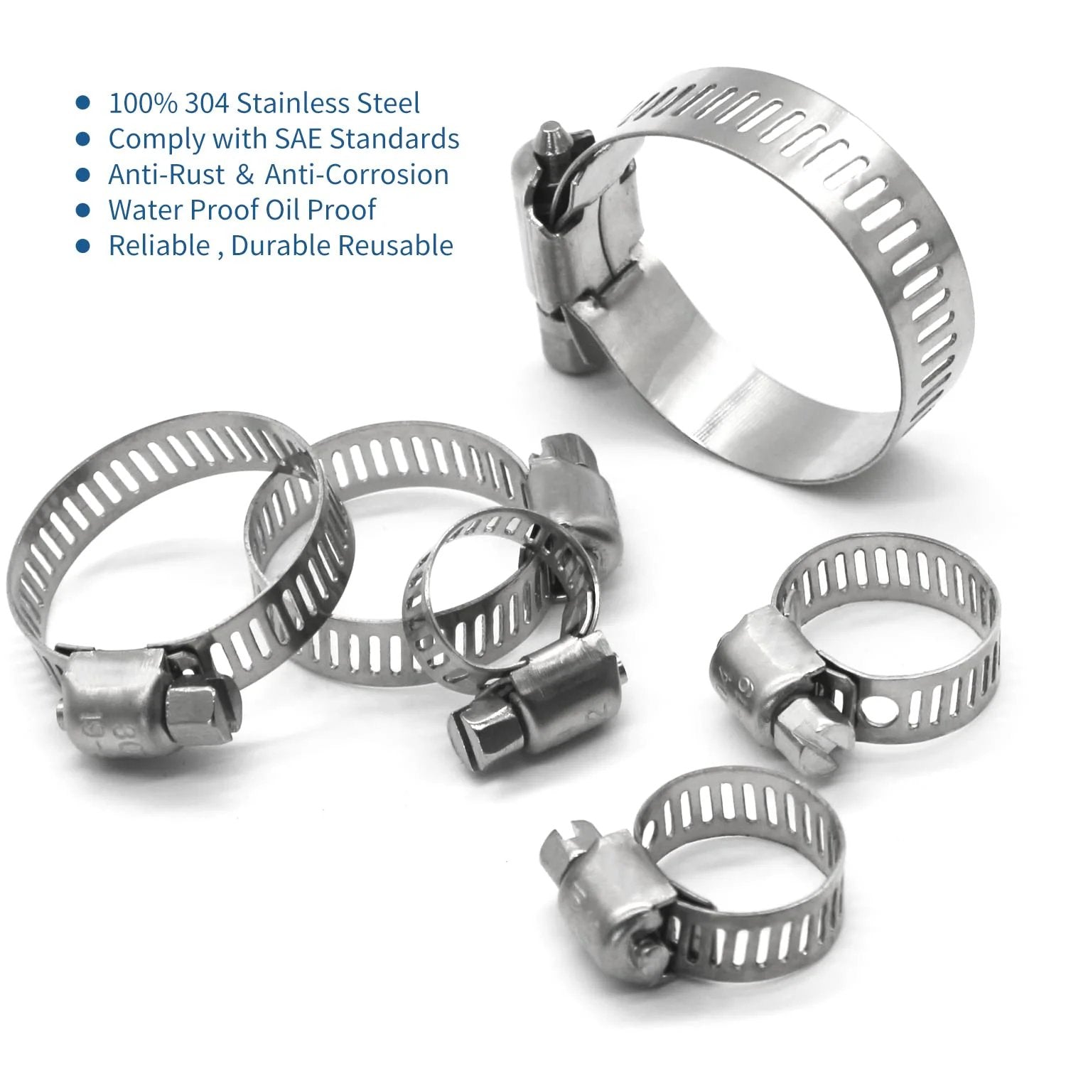 Heavy Duty 25 Pack Stainless Steel Hose Clamps, 1 Quarter to 1 Half Inch Worm Gear Metal Clamps displayed on white background