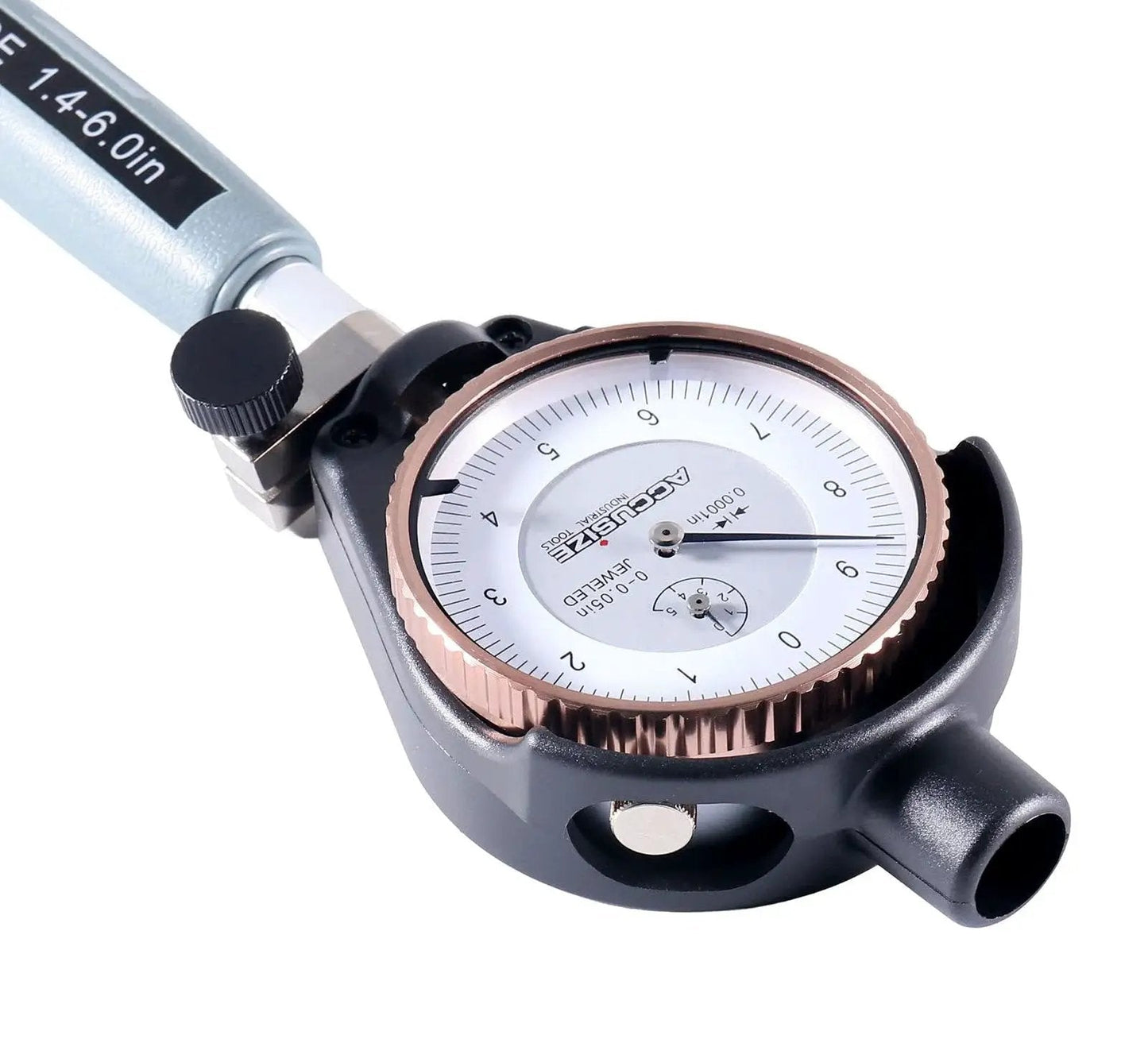 Close-up of Dial Bore Gauge Set With 1.4 To 6 Inch Range And 0.0001 Inch Graduation, carbide tips, bezel lock by Accusize.