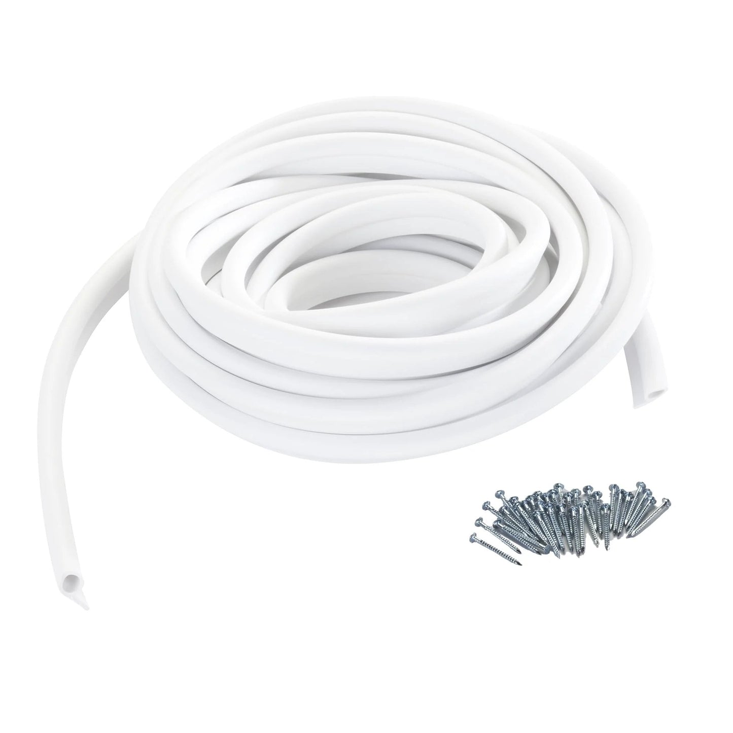 Coiled White Vinyl Gasket Weatherseal for Doors and Windows Seventeen Foot Long One Half Inch Wide and One Quarter Inch Tall with nails shown
