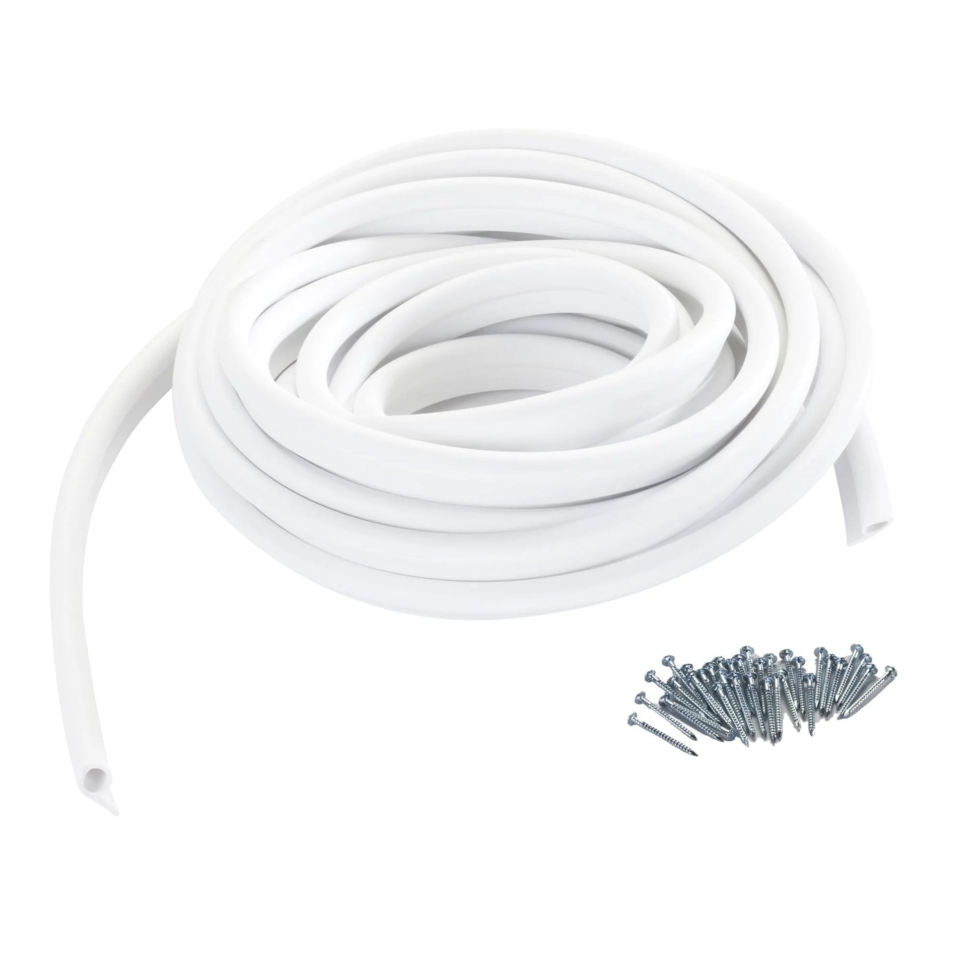 Coiled White Vinyl Gasket Weatherseal for Doors and Windows Seventeen Foot Long One Half Inch Wide and One Quarter Inch Tall with nails shown