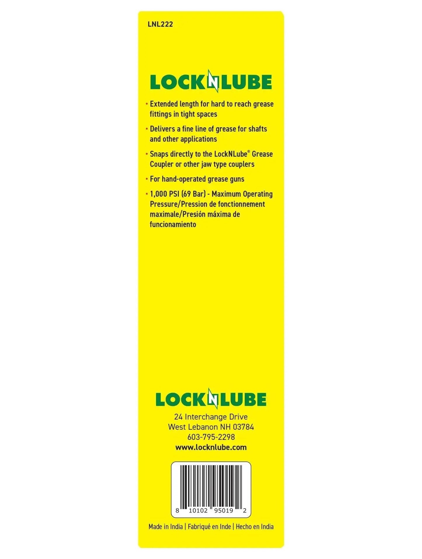 Narrow Needle Greasing Adapter XL For Hand Operated Grease Guns By LockNLube packaging, yellow background, product details.