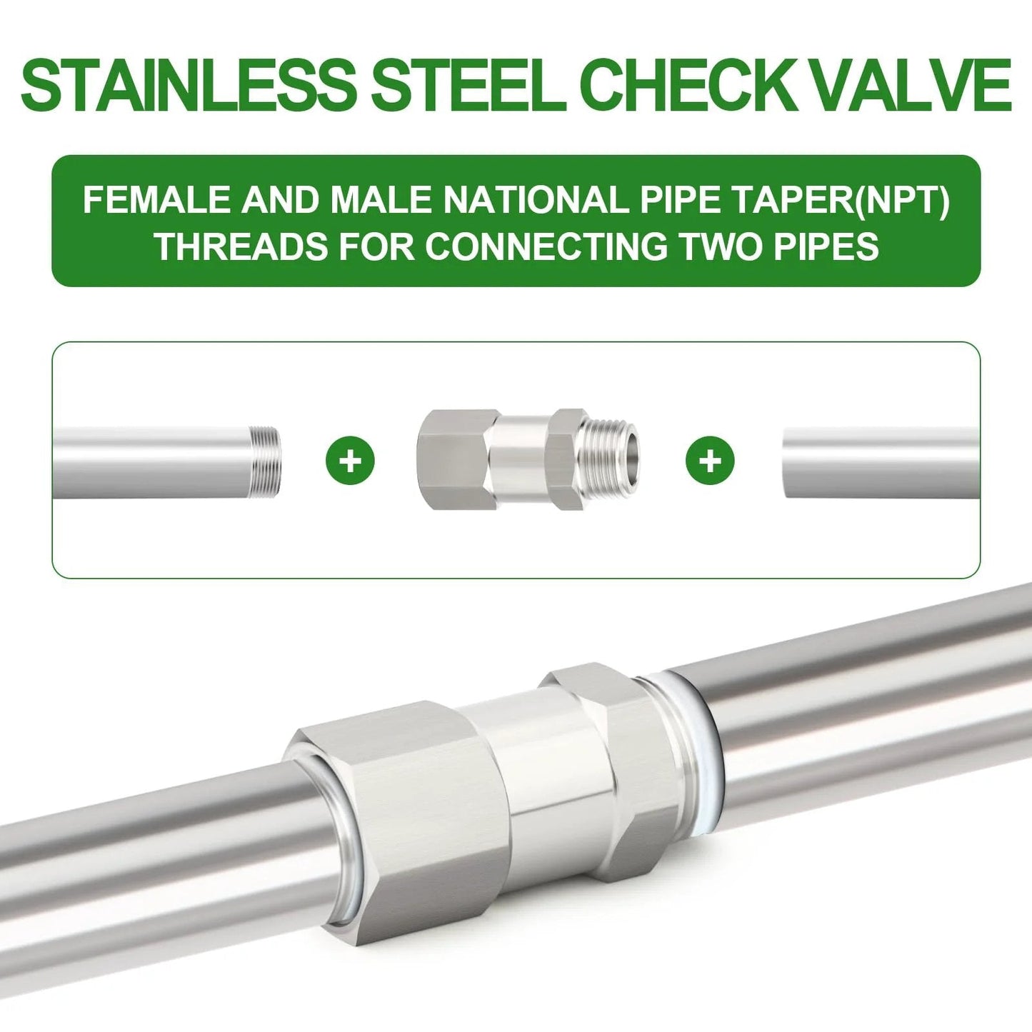 Diagram of 316L Stainless Steel Check Valve One Quarter Inch NPT Male To One Quarter Inch NPT Female Backflow Prevention One Way Non Return Valve For Industrial Piping Forged 316L Construction with connection points.
