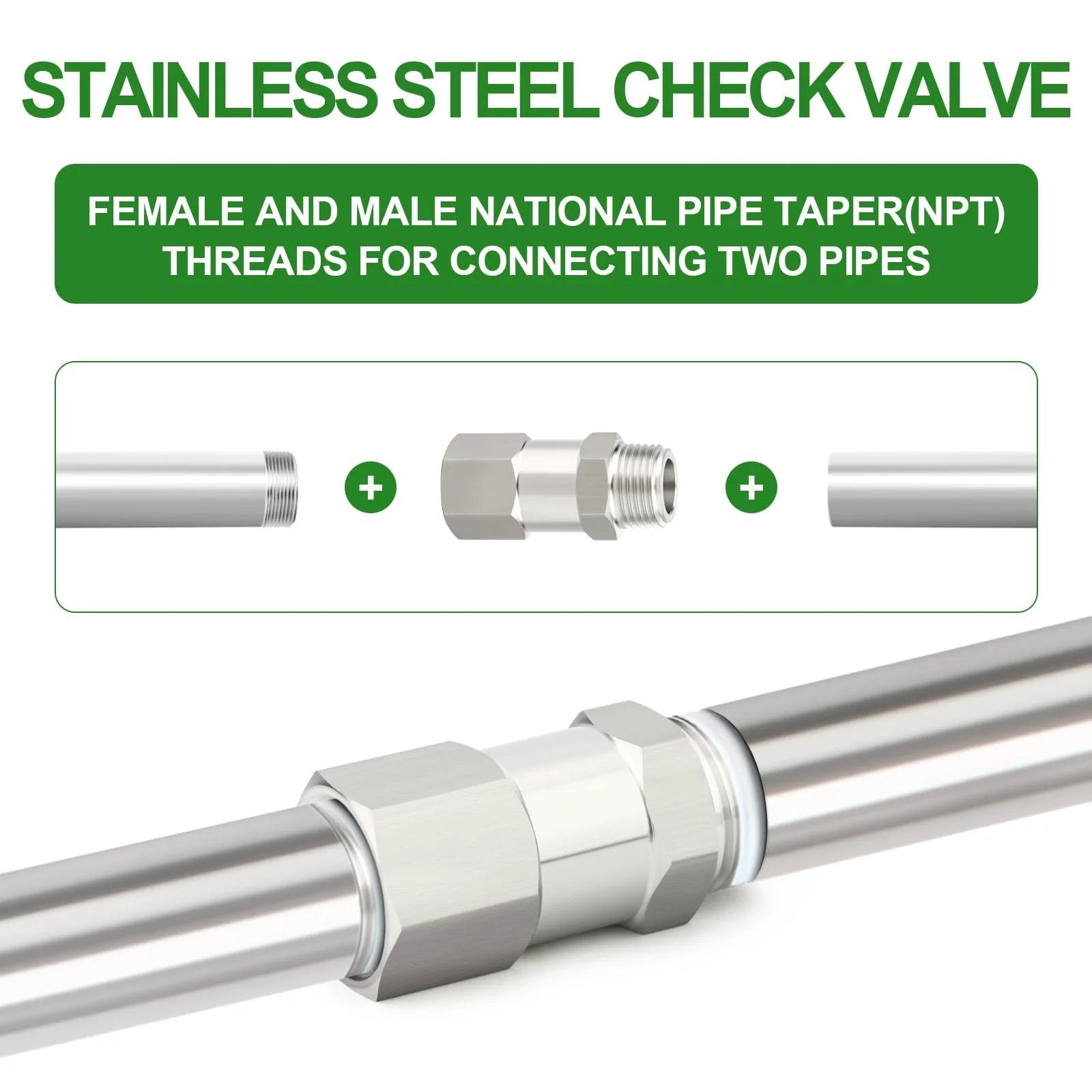 Diagram of 316L Stainless Steel Check Valve One Quarter Inch NPT Male To One Quarter Inch NPT Female Backflow Prevention One Way Non Return Valve For Industrial Piping Forged 316L Construction with connection points.