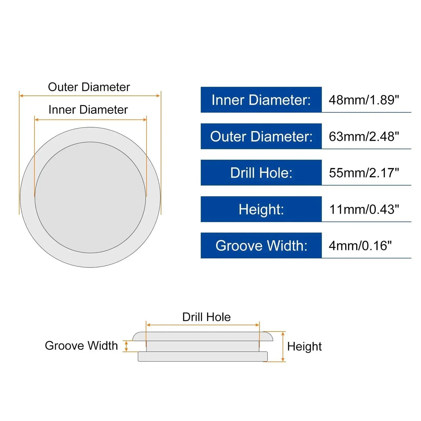 Dimensions diagram of set of four rubber grommets for firewall cable protection, inner diameter 2 inches, outer diameter 2.125 inches.