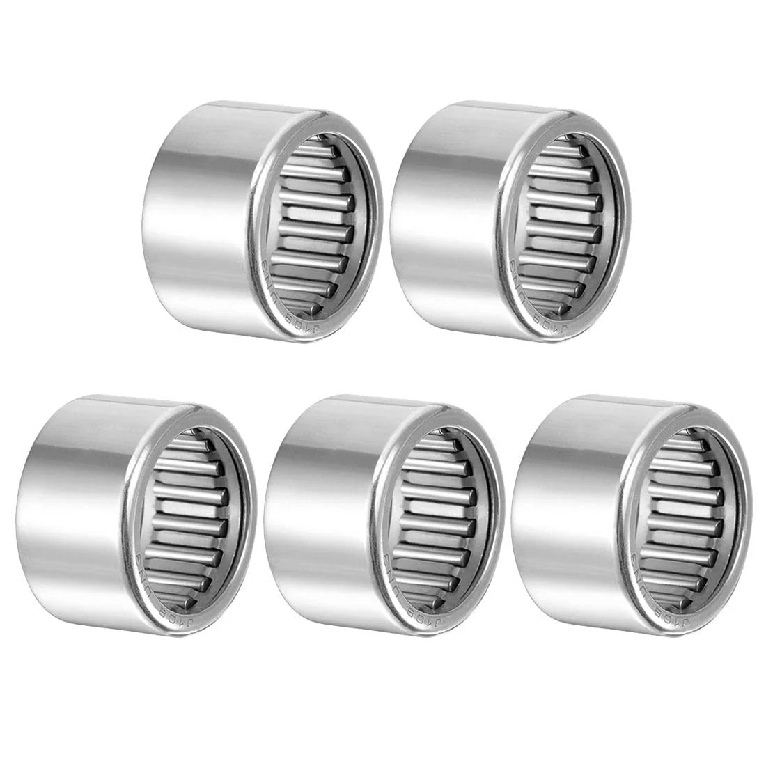 Set of 5 SCE108 Needle Roller Bearings with drawn cup open end, 5/8 inch bore, 13/16 inch OD, half inch width, pre-lubricated.